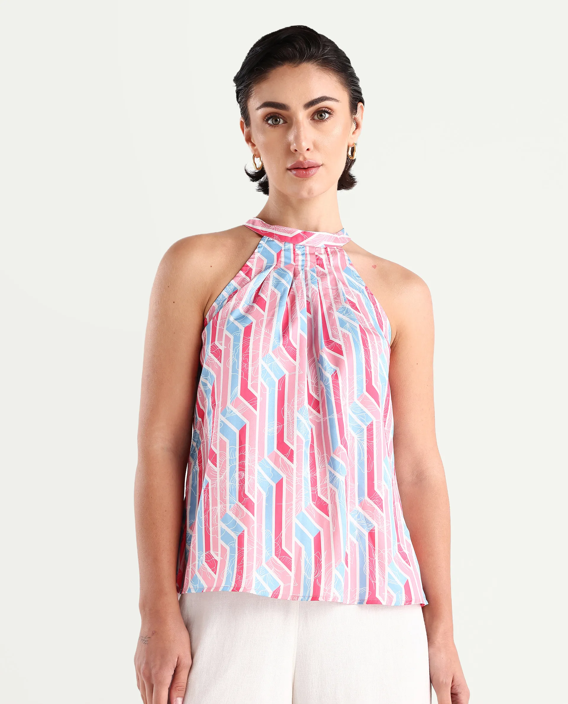 Rareism Women's Xico Light Multi Polyester Halter Neck Geometric Print Sleeveless Regular Fit Top - Image 3