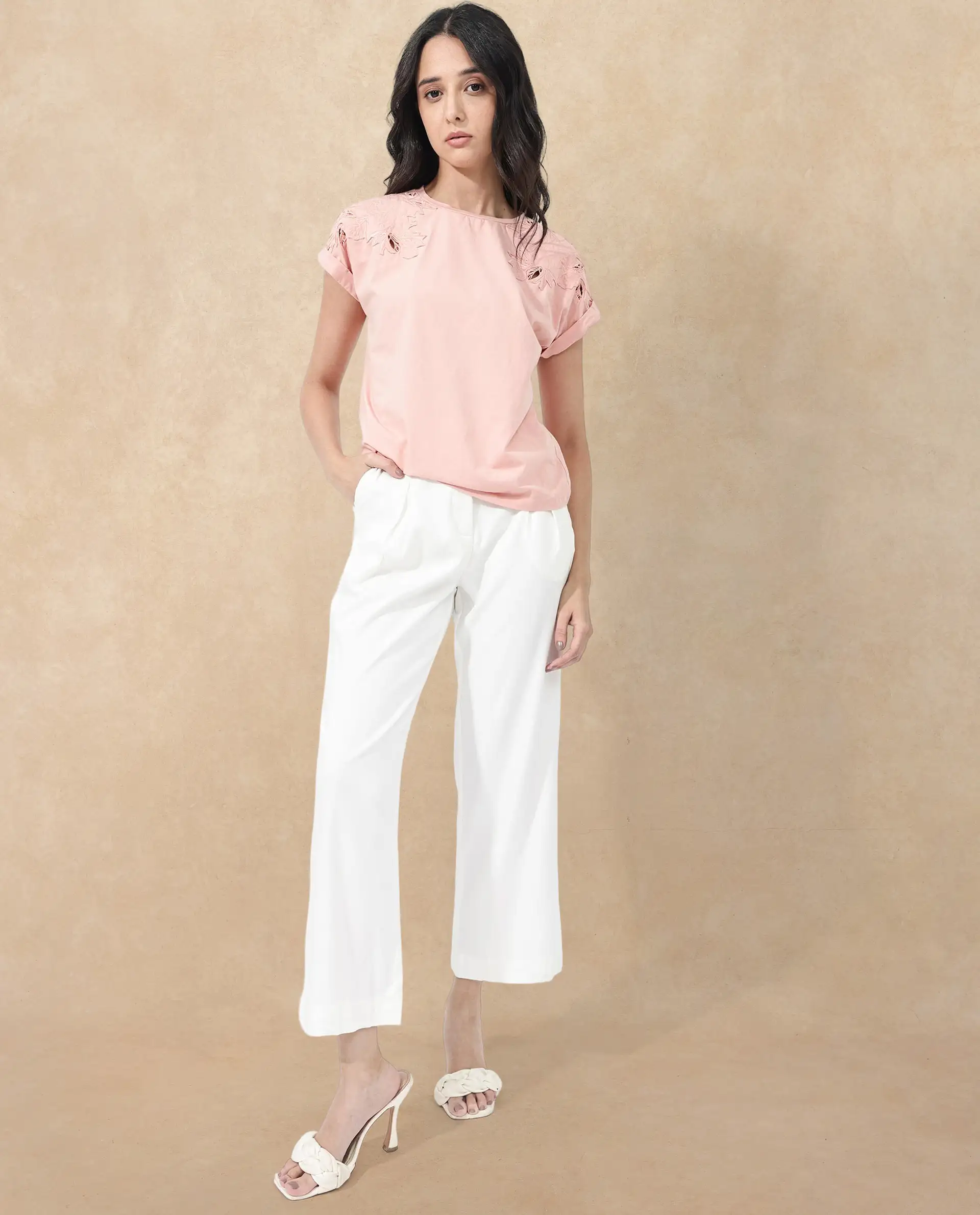 Rareism Women's Xinia Light Peach Cotton Blend Crew Neck Plain Extended Sleeves Regular Fit T-Shirt - Image 2