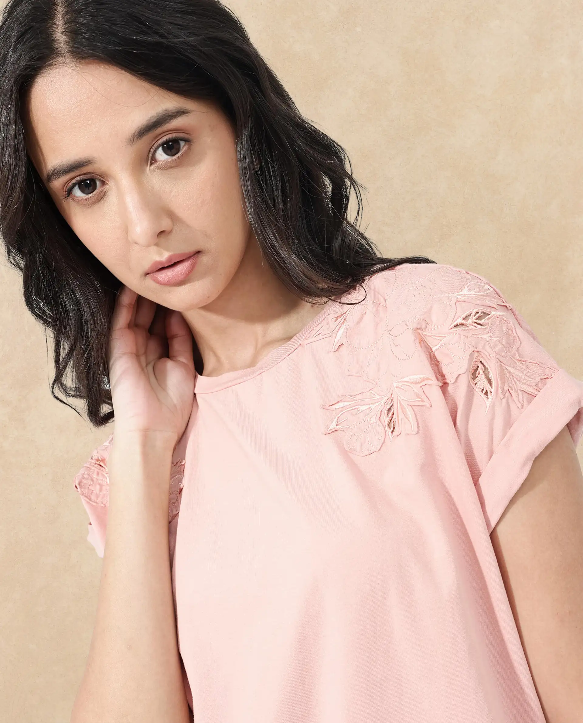 Rareism Women's Xinia Light Peach Cotton Blend Crew Neck Plain Extended Sleeves Regular Fit T-Shirt - Image 3