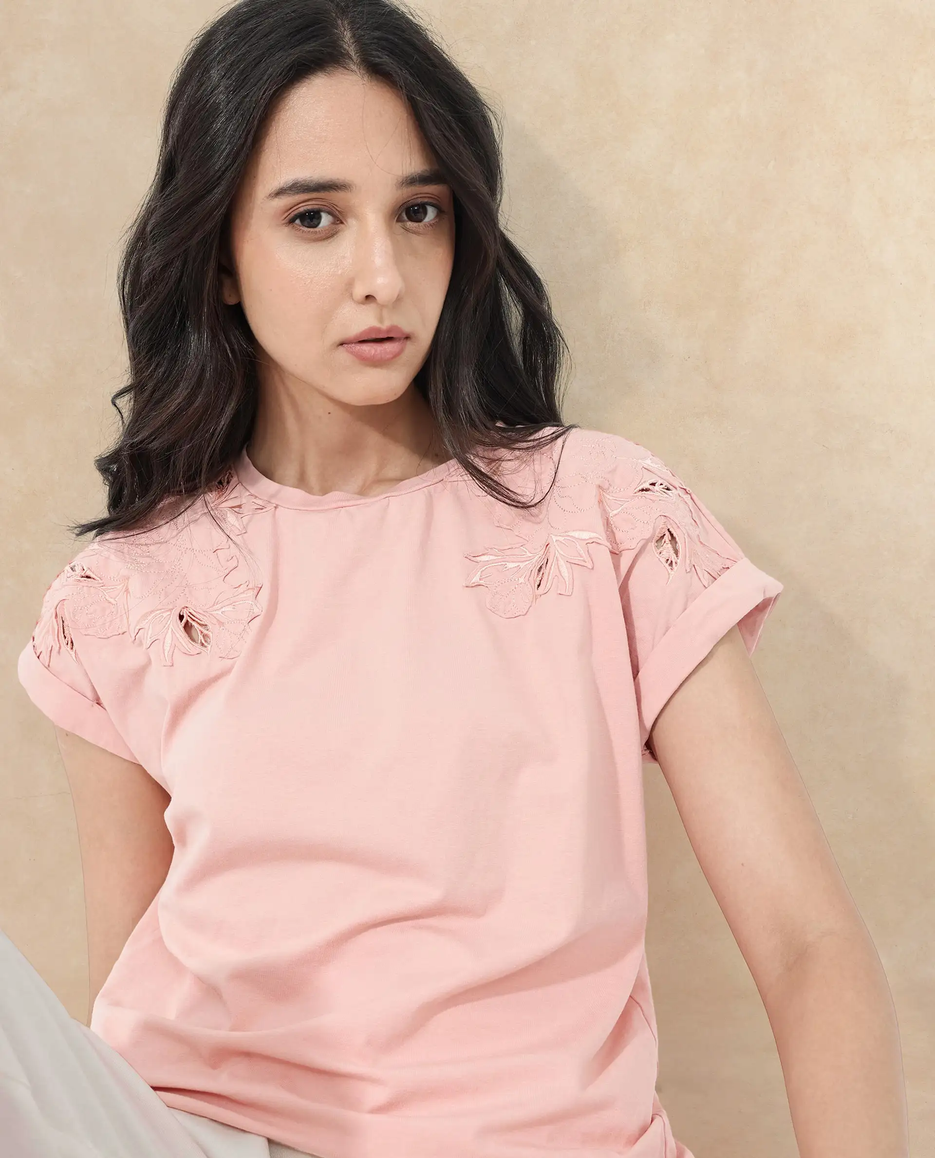 Rareism Women's Xinia Light Peach Cotton Blend Crew Neck Plain Extended Sleeves Regular Fit T-Shirt - Image 4