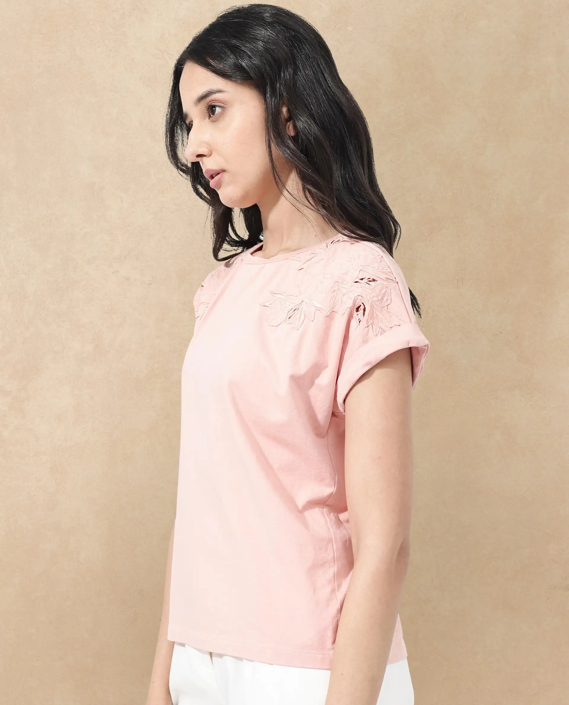 Rareism Women's Xinia Light Peach Cotton Blend Crew Neck Plain Extended Sleeves Regular Fit T-Shirt - Image 5