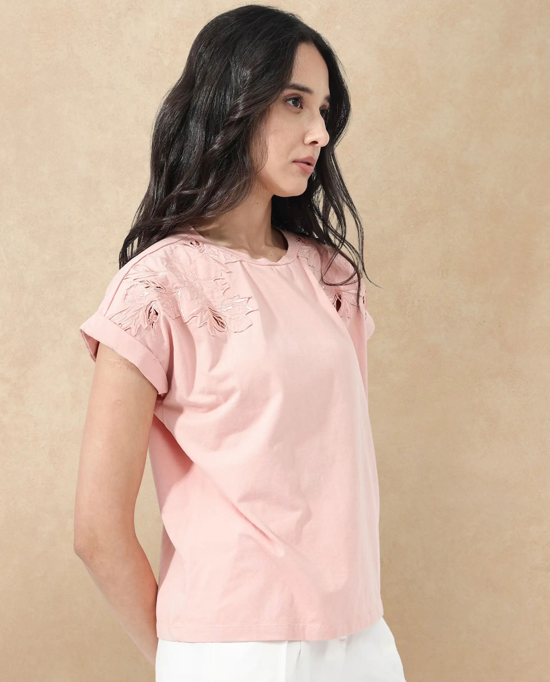 Rareism Women's Xinia Light Peach Cotton Blend Crew Neck Plain Extended Sleeves Regular Fit T-Shirt - Image 6