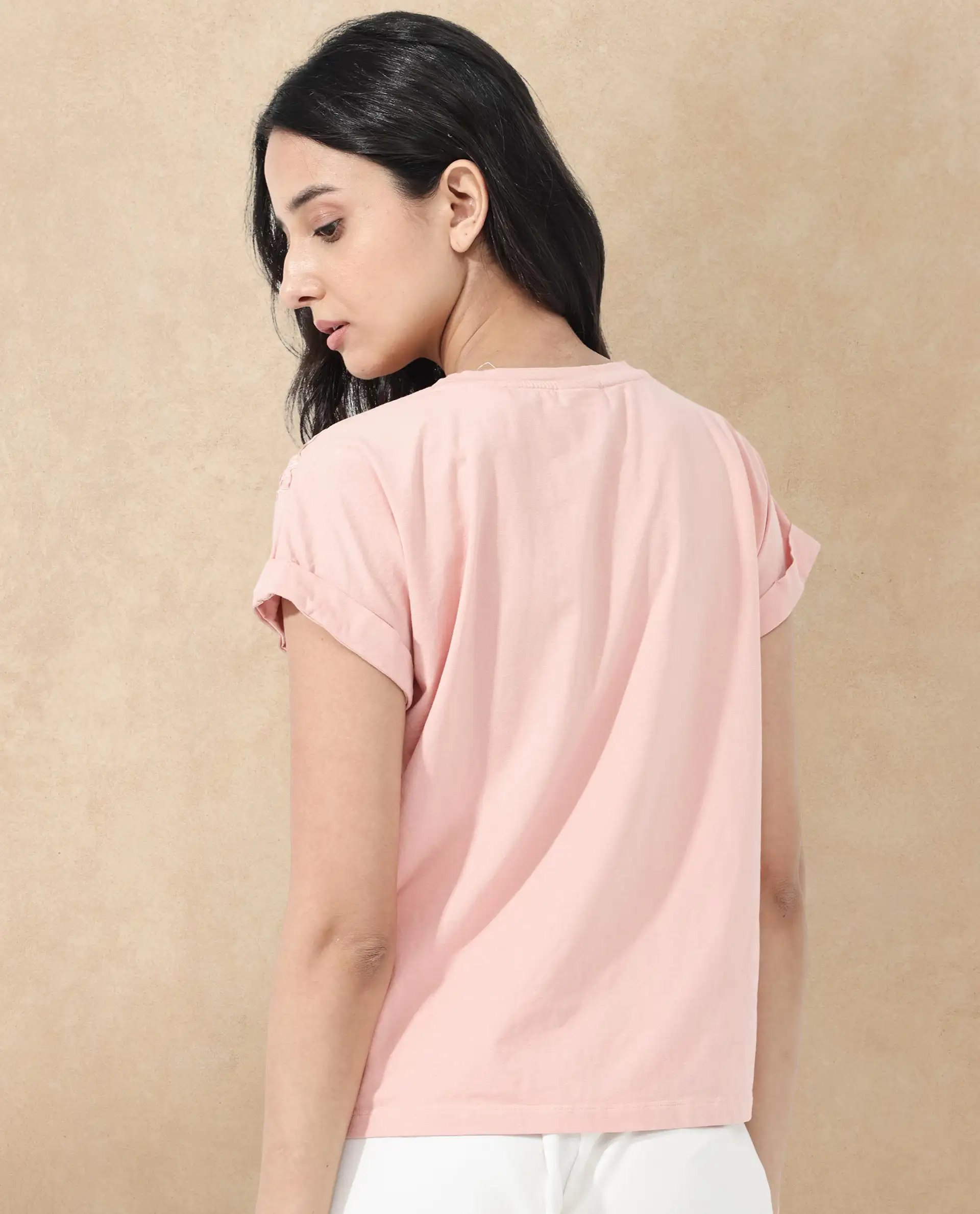 Rareism Women's Xinia Light Peach Cotton Blend Crew Neck Plain Extended Sleeves Regular Fit T-Shirt - Image 7