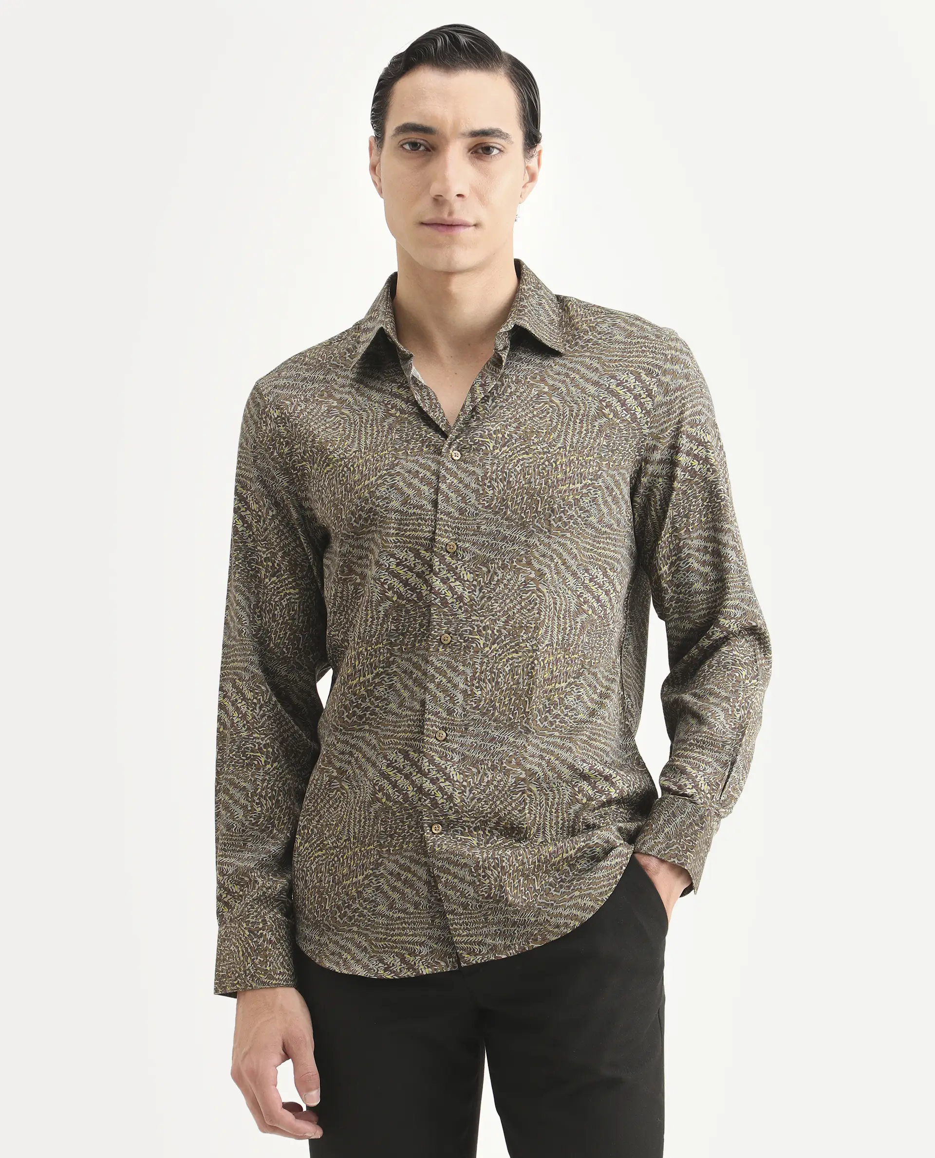 Rare Rabbit Men's Xion-2 Dusky Green Cotton Blend Fabric Full Sleeve Spread Collar Regular Fit Abstract Print Shirt - Image 4