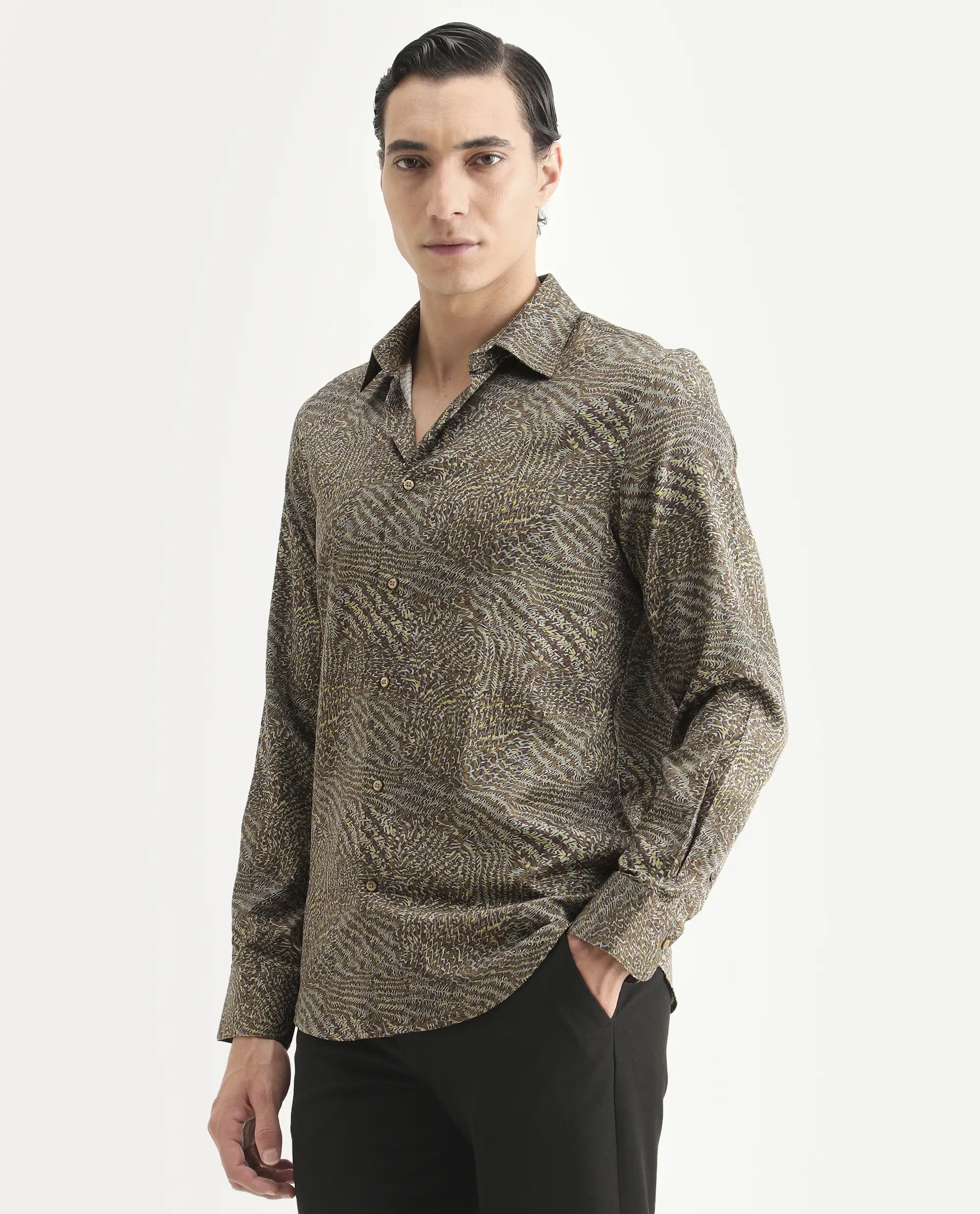 Rare Rabbit Men's Xion-2 Dusky Green Cotton Blend Fabric Full Sleeve Spread Collar Regular Fit Abstract Print Shirt - Image 5