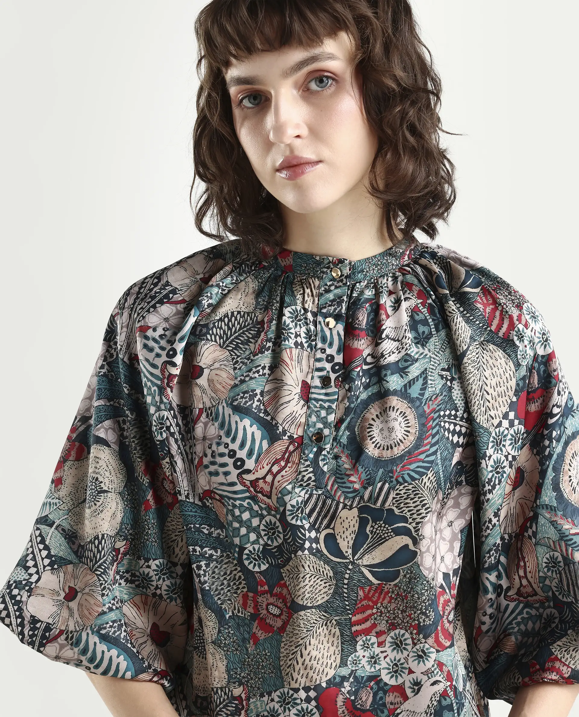 Rareism Women's Xito Multi Satin Mandarin Collar Abstract Print Raglan Sleeve Regular Fit Top - Image 4