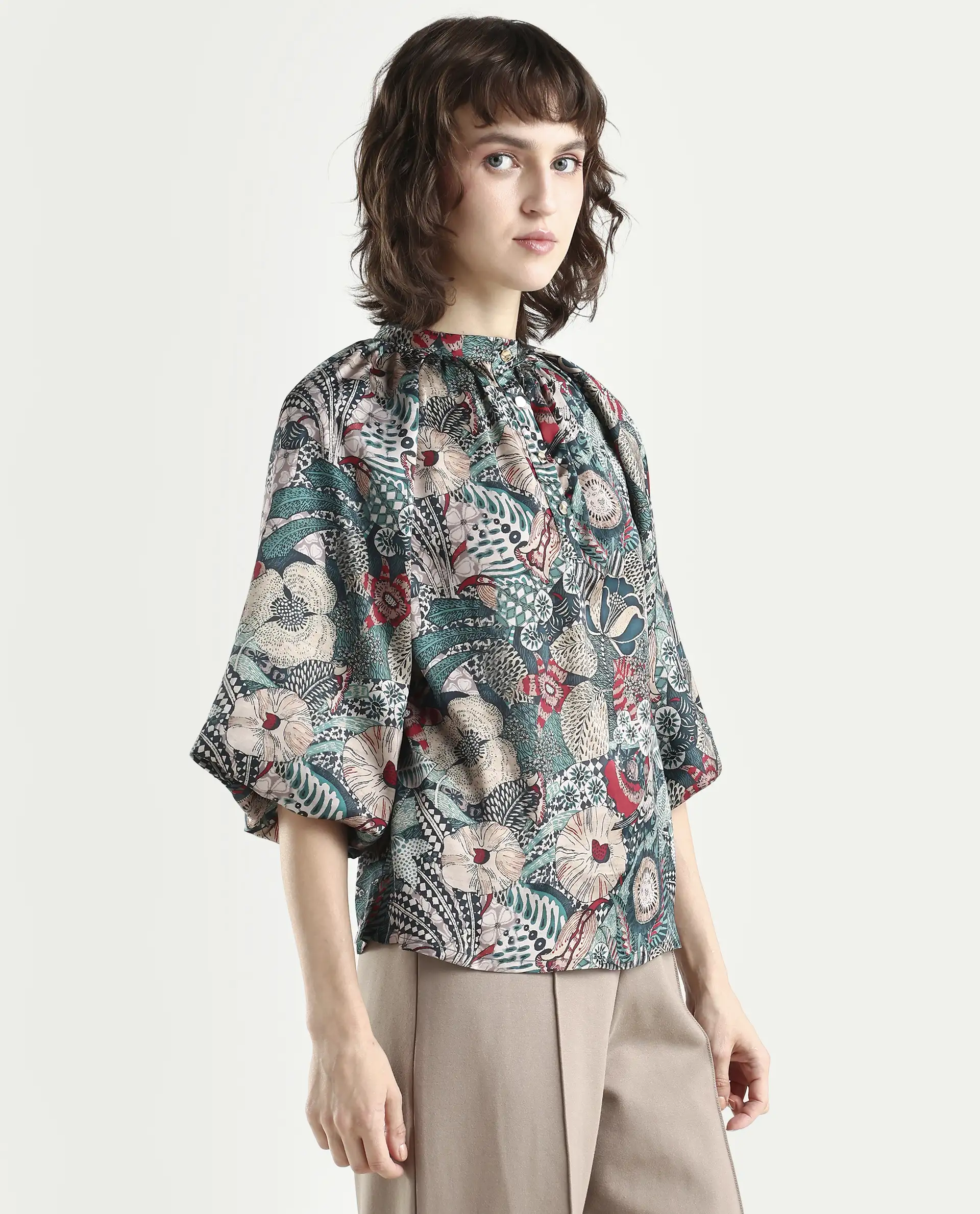 Rareism Women's Xito Multi Satin Mandarin Collar Abstract Print Raglan Sleeve Regular Fit Top - Image 6