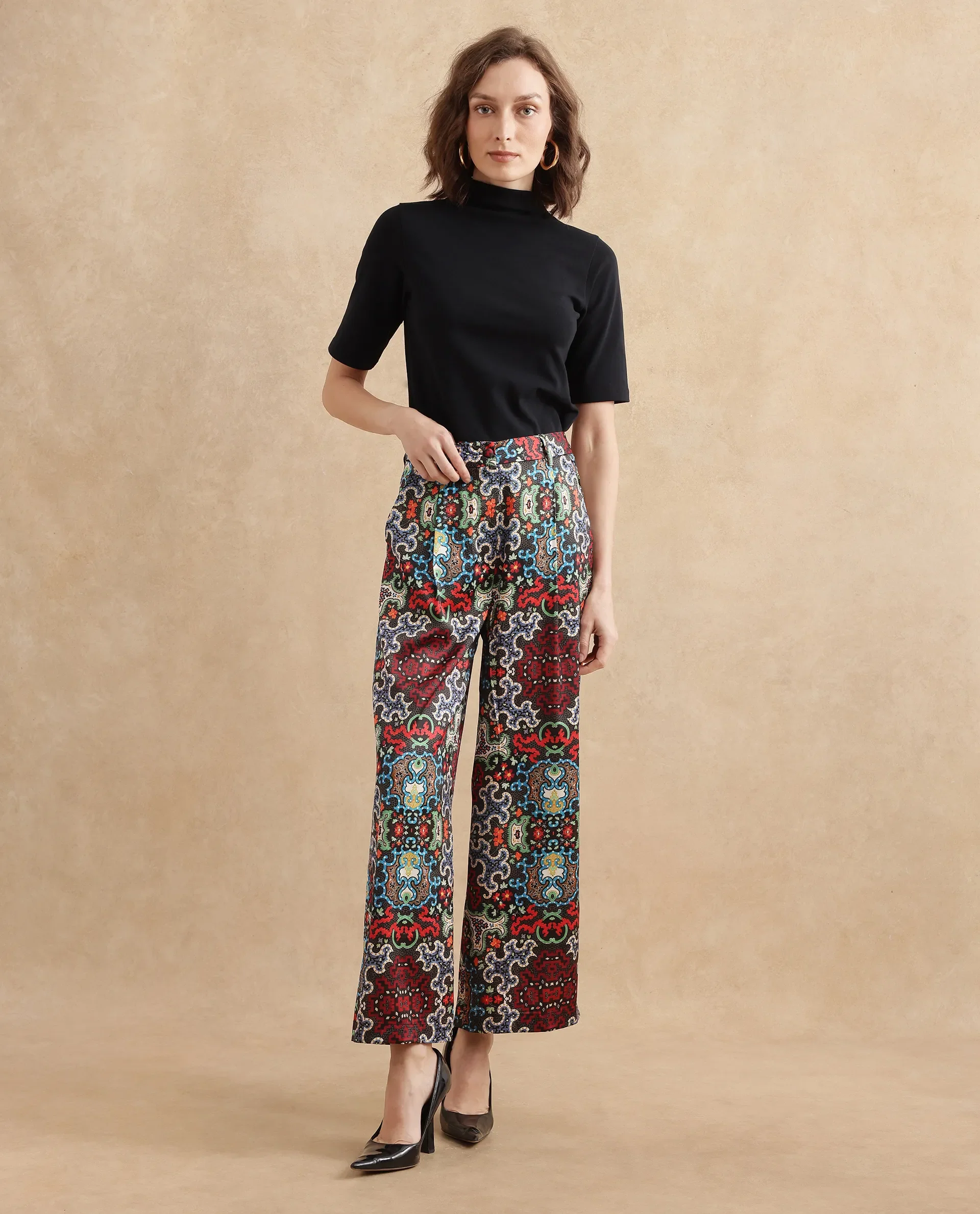 Rareism Women's Xiu Dark Multi Satin Abstract Print Ankle Length Wide Trouser