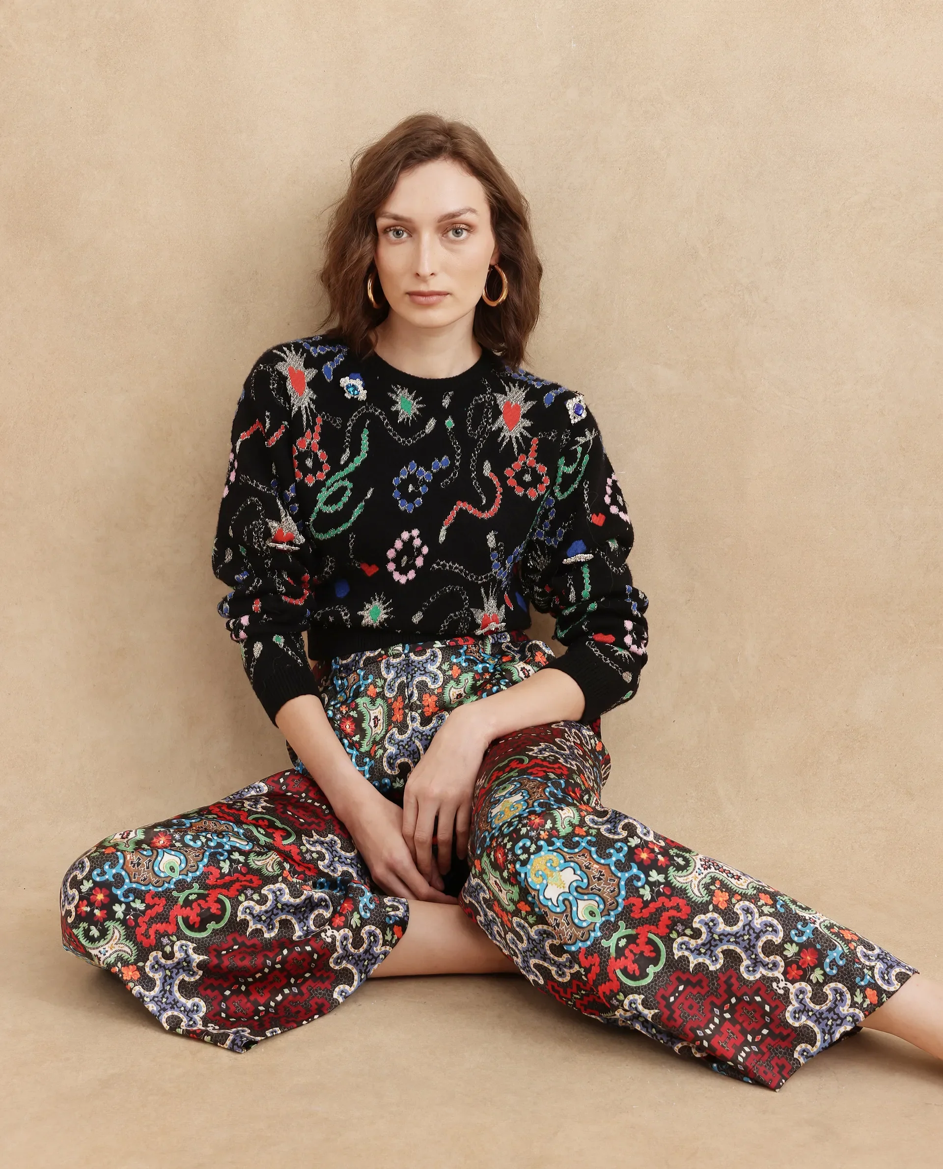 Rareism Women's Xiu Dark Multi Satin Abstract Print Ankle Length Wide Trouser - Image 3