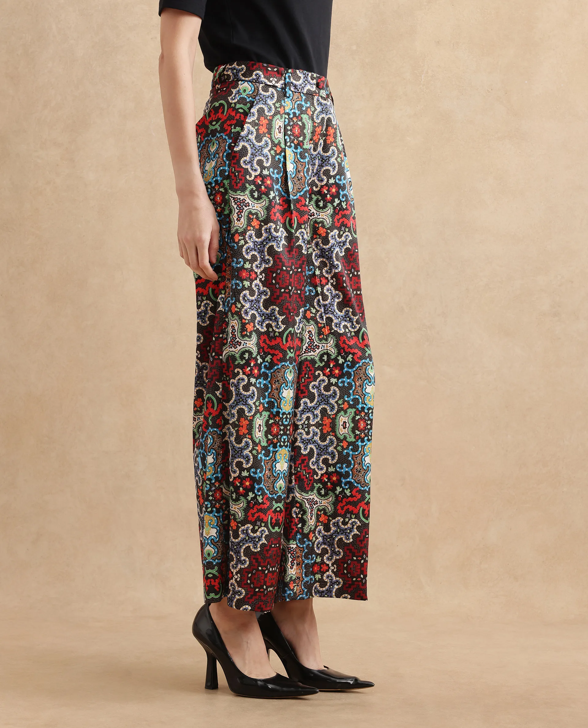 Rareism Women's Xiu Dark Multi Satin Abstract Print Ankle Length Wide Trouser - Image 6