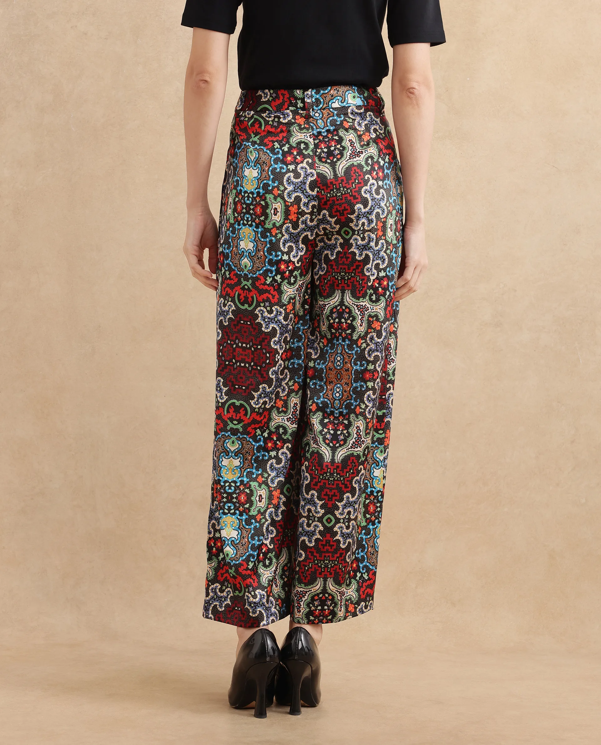 Rareism Women's Xiu Dark Multi Satin Abstract Print Ankle Length Wide Trouser - Image 7
