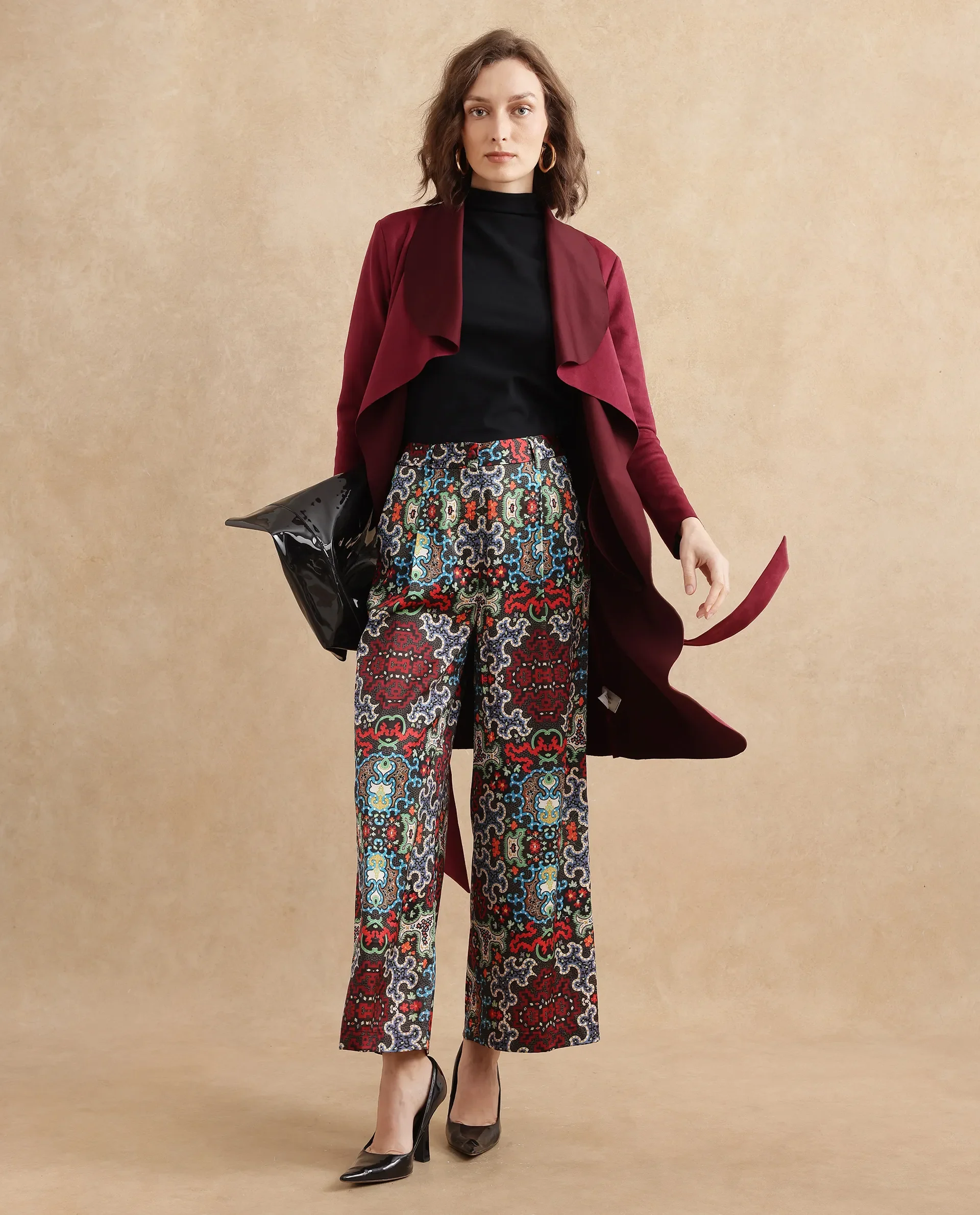 Rareism Women's Xiu Dark Multi Satin Abstract Print Ankle Length Wide Trouser - Image 8
