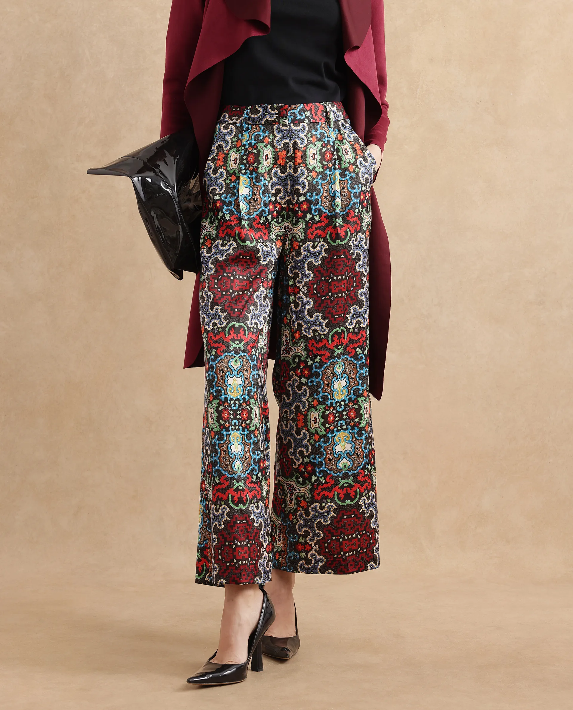 Rareism Women's Xiu Dark Multi Satin Abstract Print Ankle Length Wide Trouser - Image 9