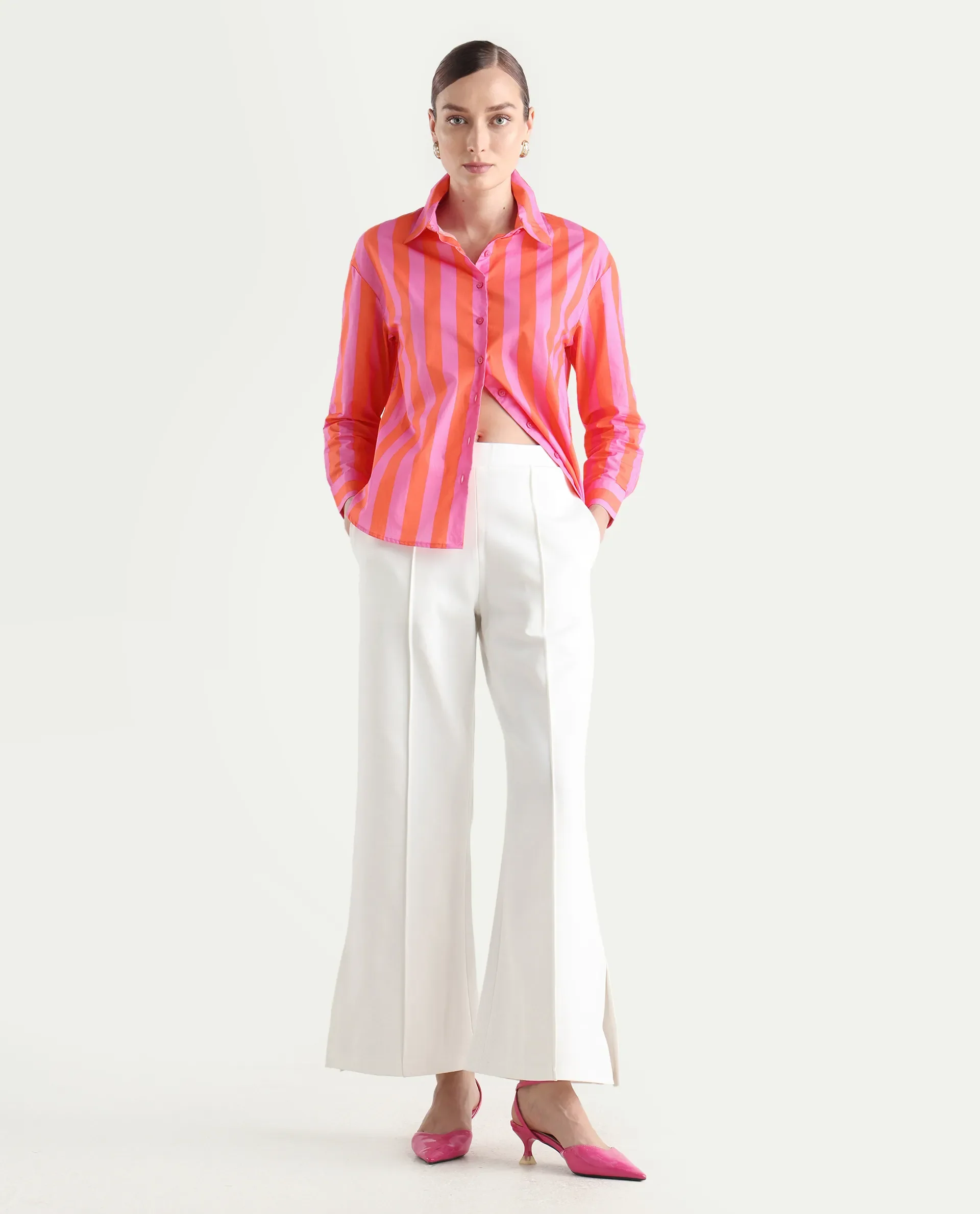 Rareism Women's Xuewr Red Cotton Drop Collar Striped Cuffed Sleeve Boxy Fit Shirt - Image 2