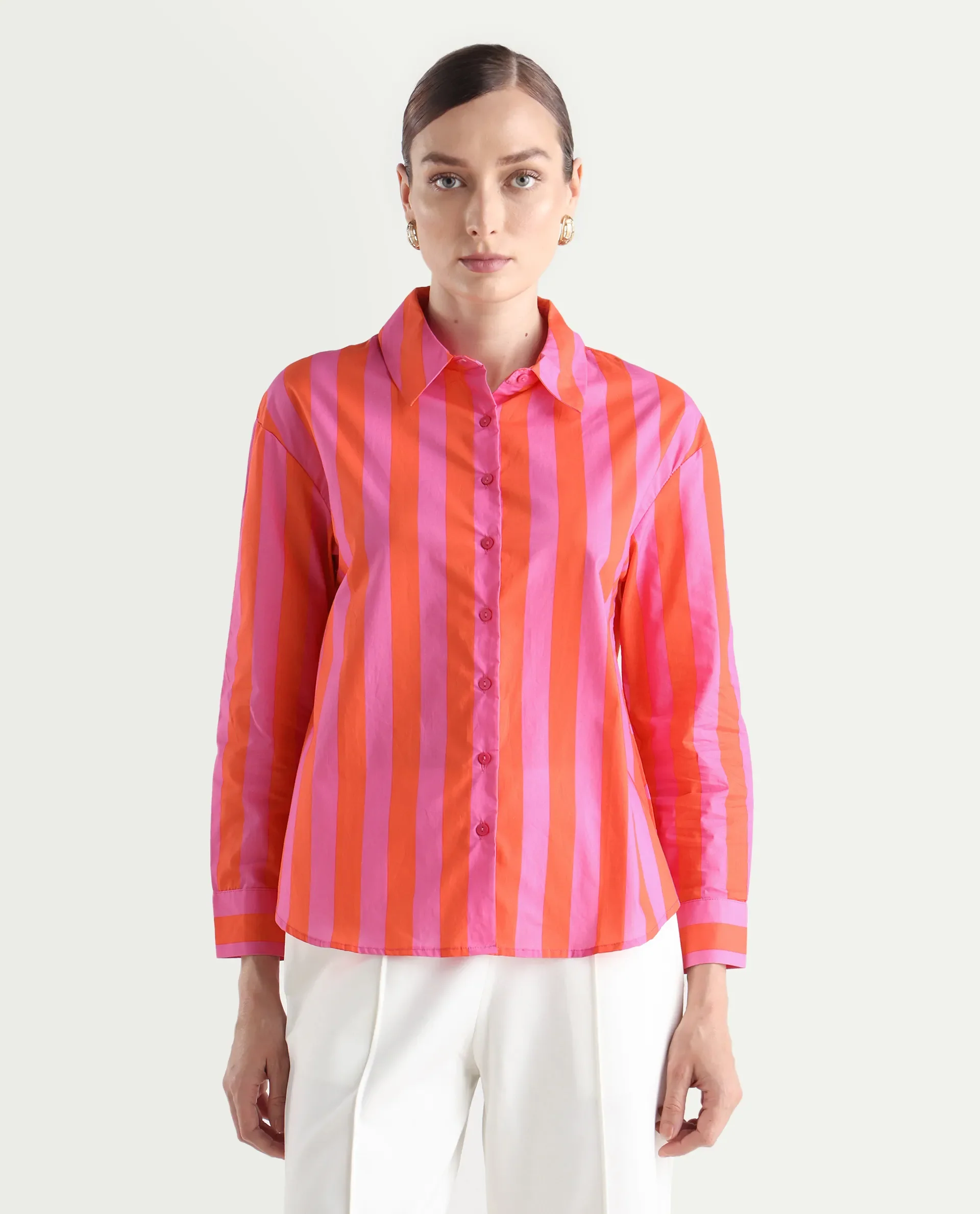 Rareism Women's Xuewr Red Cotton Drop Collar Striped Cuffed Sleeve Boxy Fit Shirt - Image 3