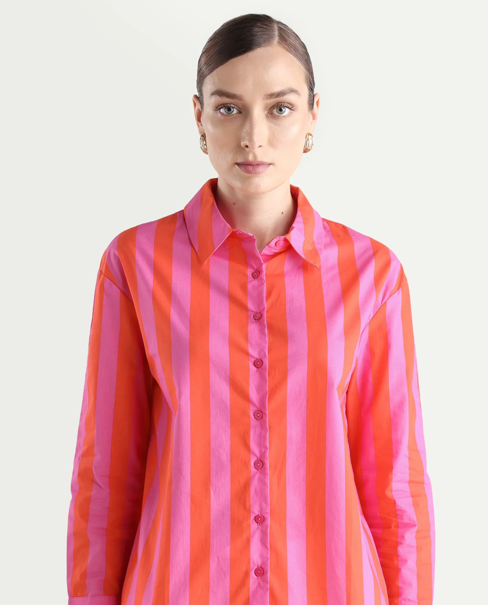 Rareism Women's Xuewr Red Cotton Drop Collar Striped Cuffed Sleeve Boxy Fit Shirt - Image 4