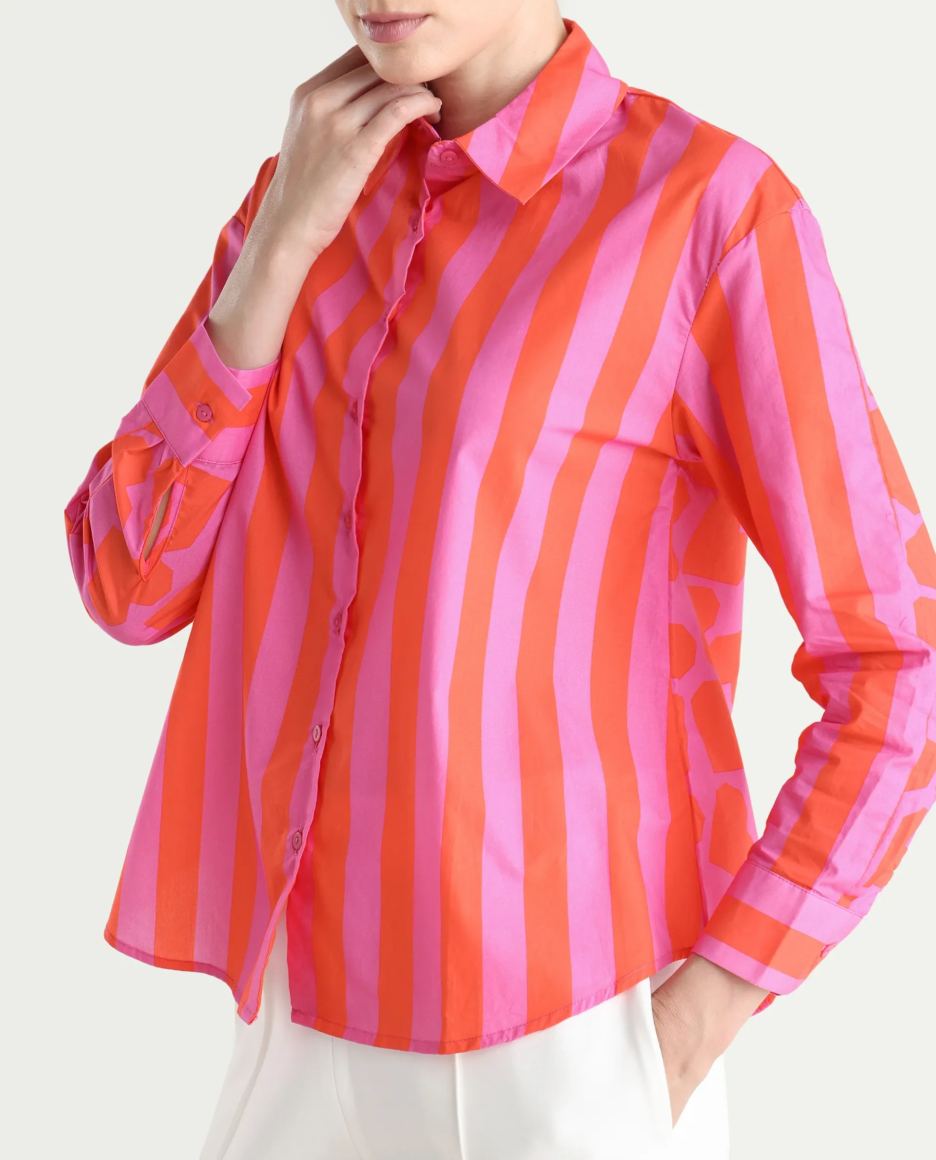 Rareism Women's Xuewr Red Cotton Drop Collar Striped Cuffed Sleeve Boxy Fit Shirt - Image 5