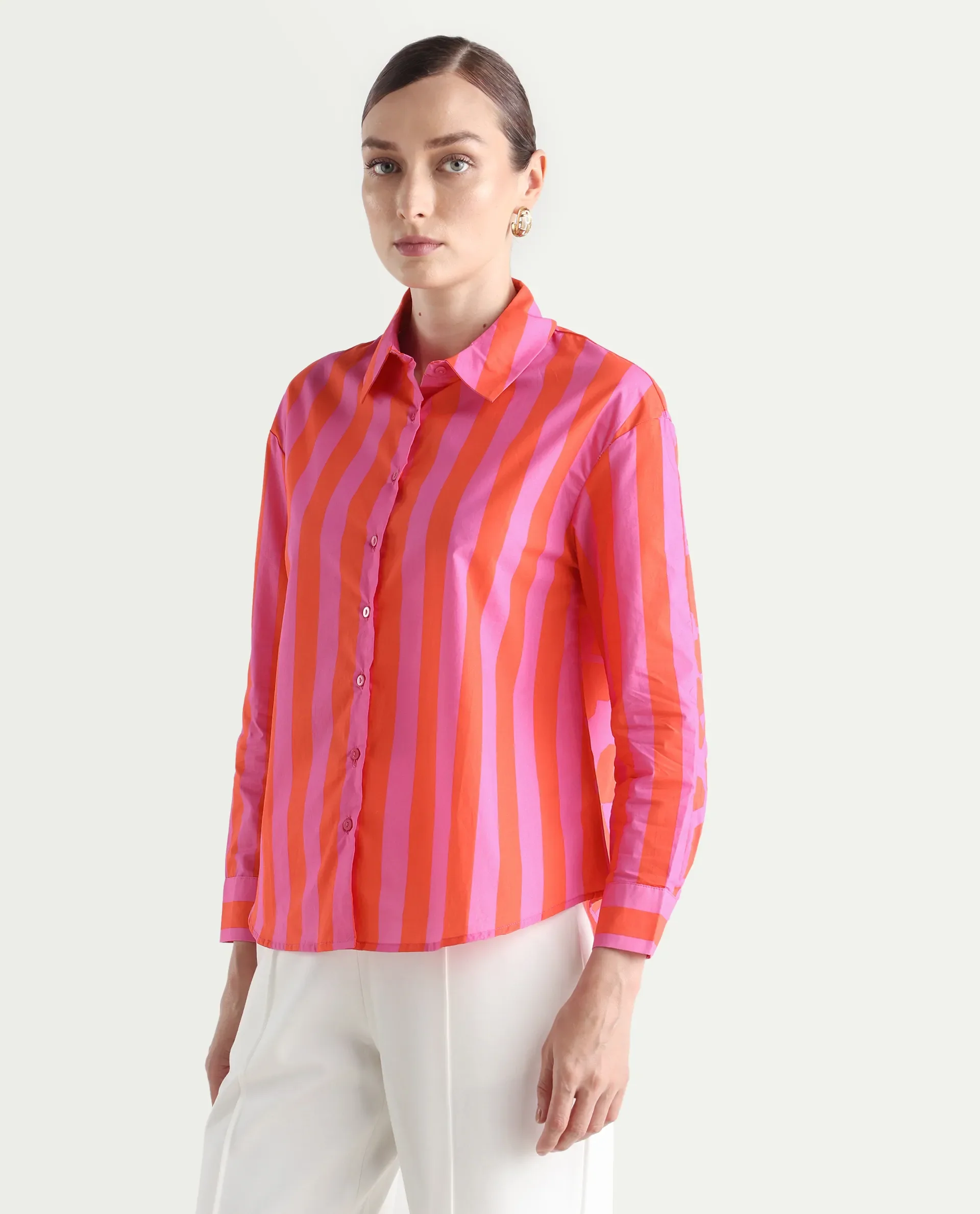 Rareism Women's Xuewr Red Cotton Drop Collar Striped Cuffed Sleeve Boxy Fit Shirt - Image 6