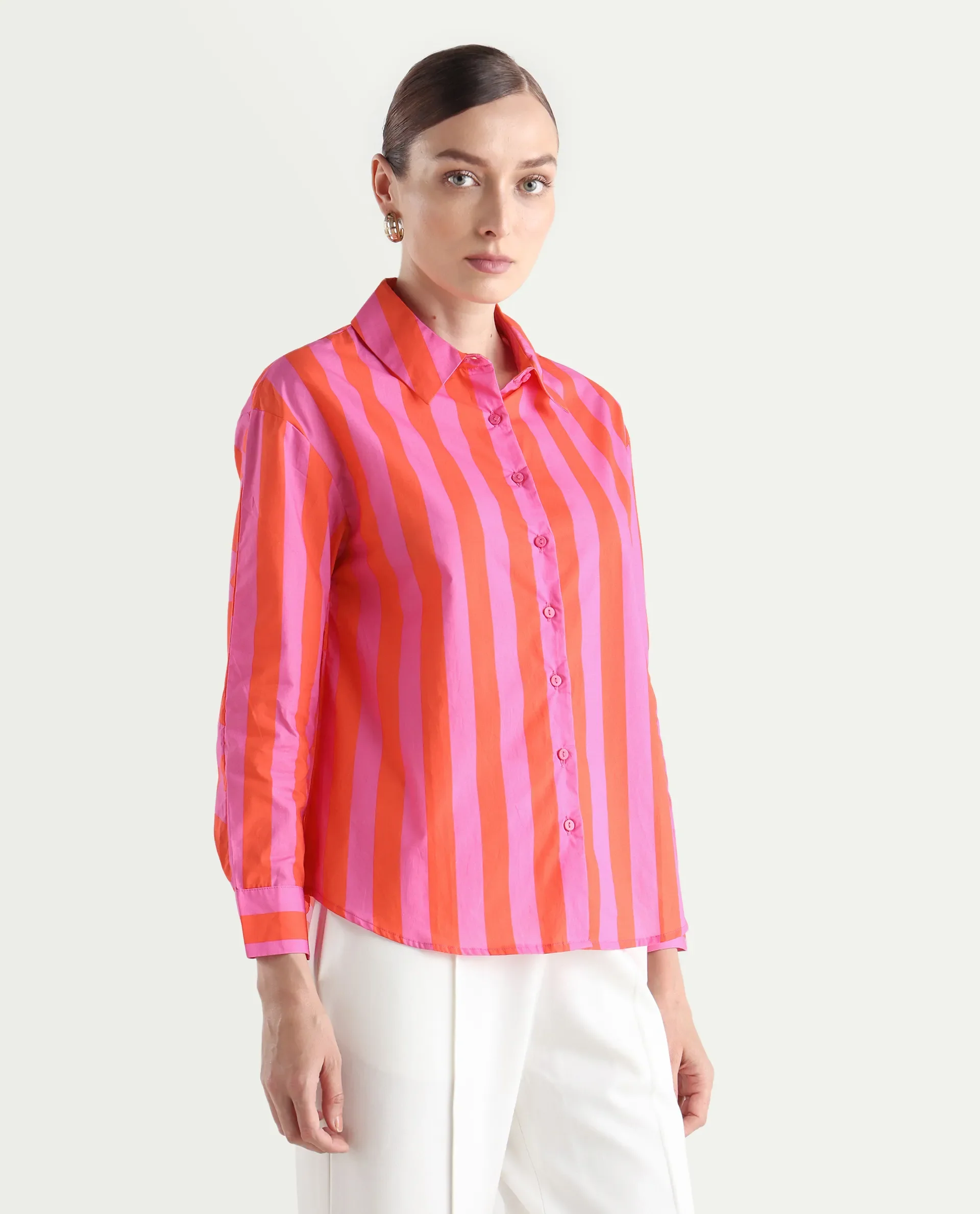 Rareism Women's Xuewr Red Cotton Drop Collar Striped Cuffed Sleeve Boxy Fit Shirt - Image 7