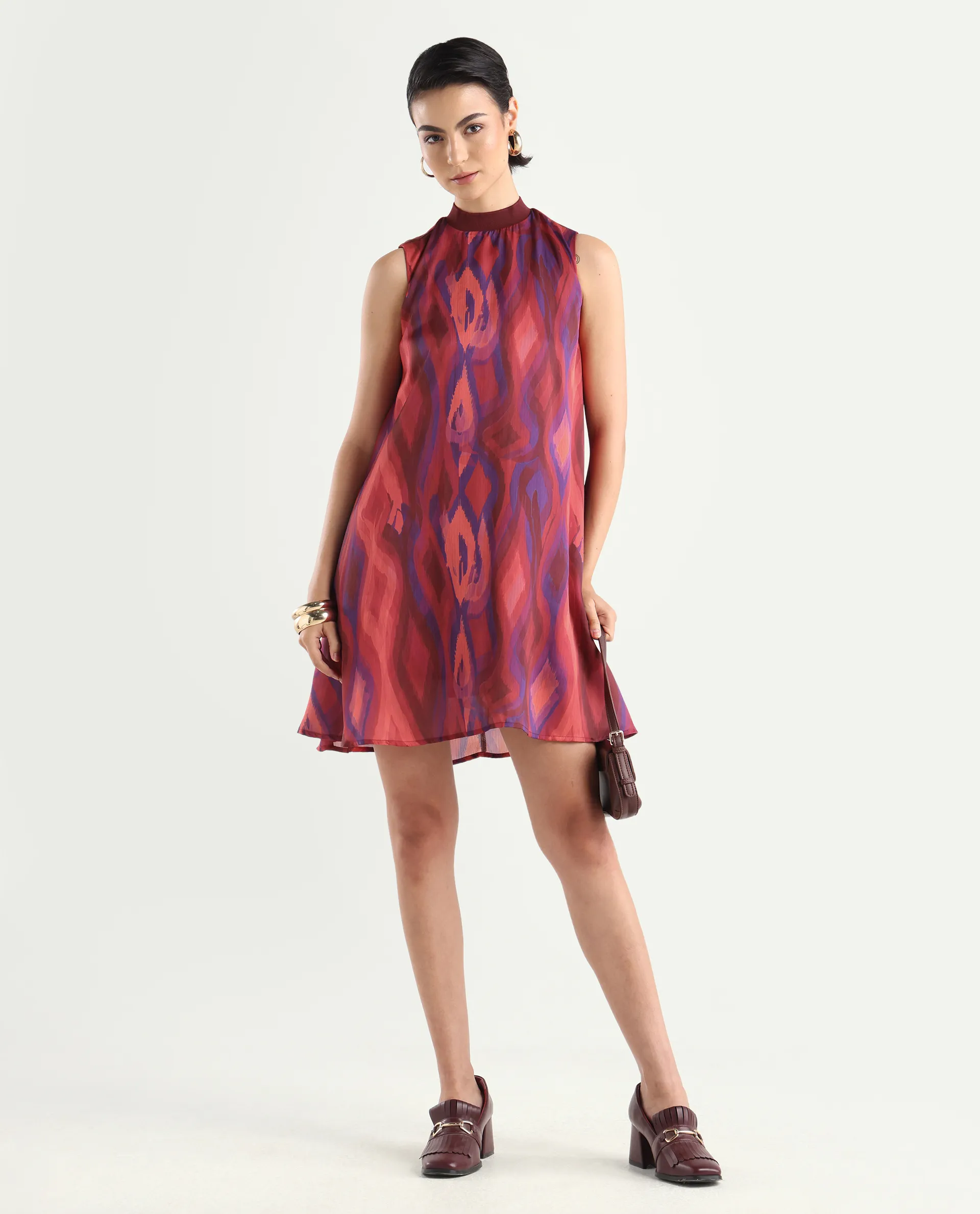 Rareism Women's Yaden Multi Satin Turtle Neck Abstract Print Sleeveless Knee Length Flared Dress - Image 2