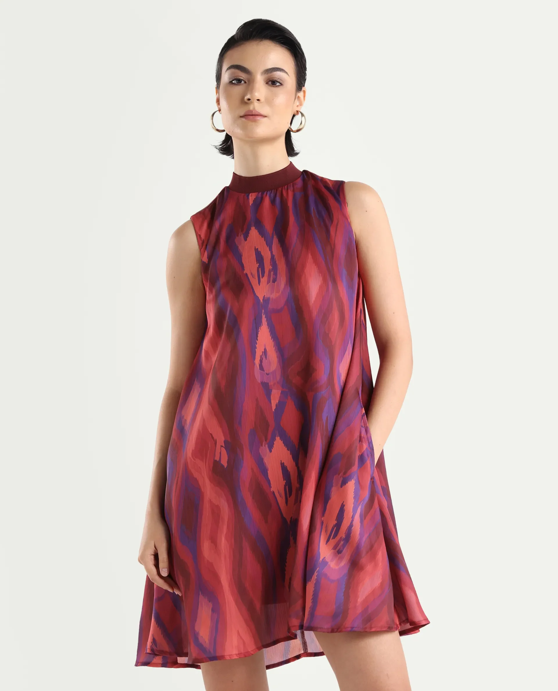 Rareism Women's Yaden Multi Satin Turtle Neck Abstract Print Sleeveless Knee Length Flared Dress - Image 3