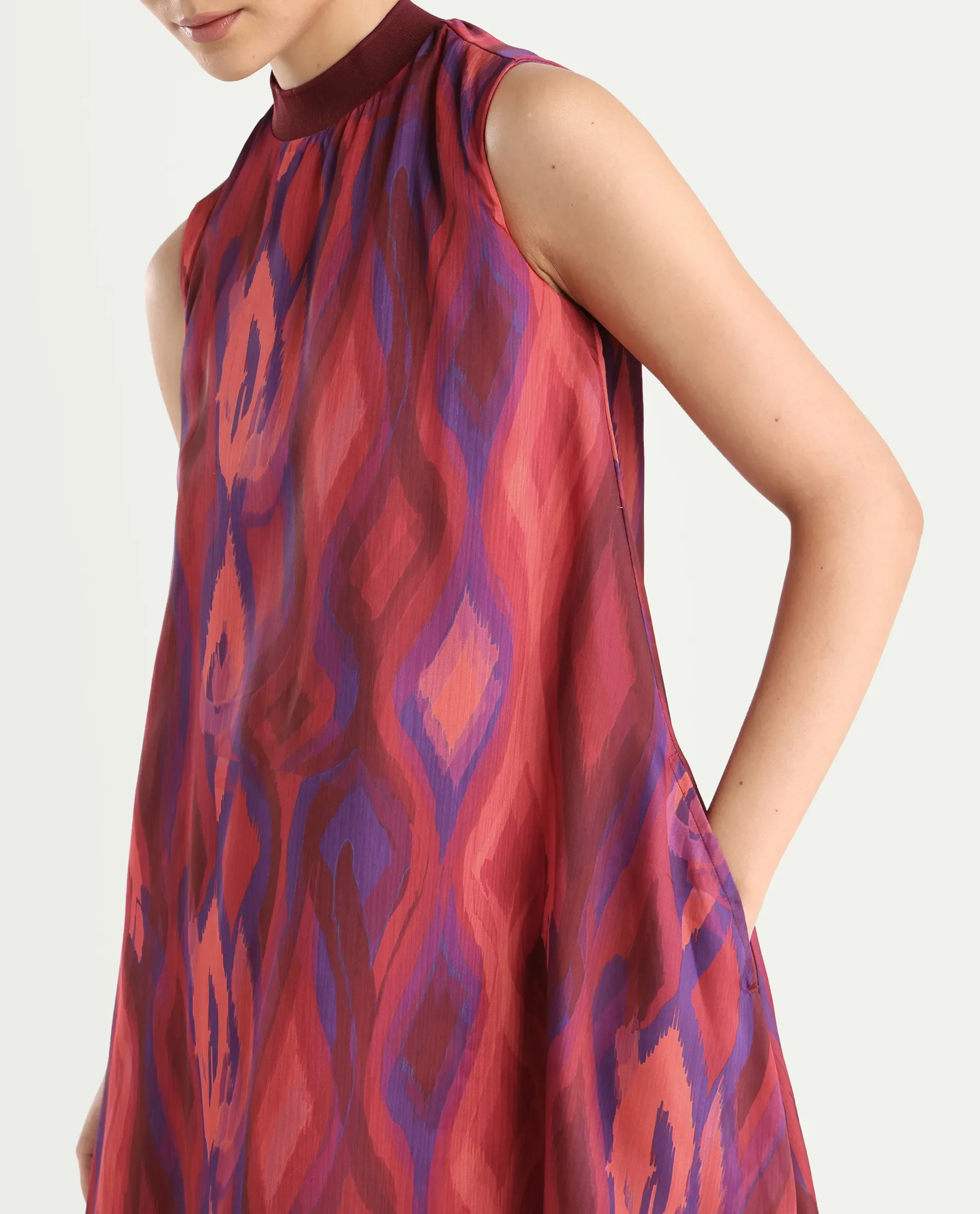 Rareism Women's Yaden Multi Satin Turtle Neck Abstract Print Sleeveless Knee Length Flared Dress - Image 4