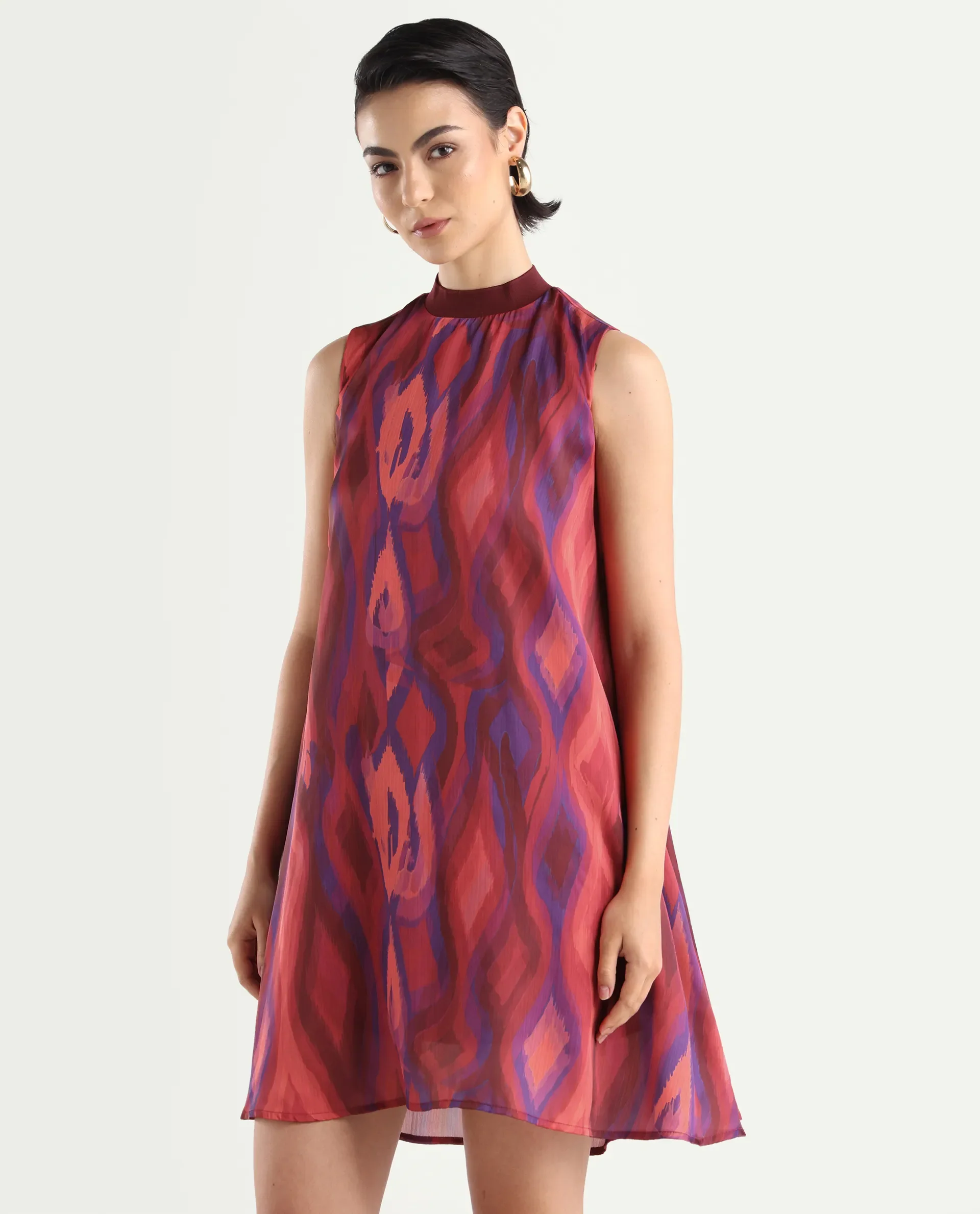 Rareism Women's Yaden Multi Satin Turtle Neck Abstract Print Sleeveless Knee Length Flared Dress - Image 5