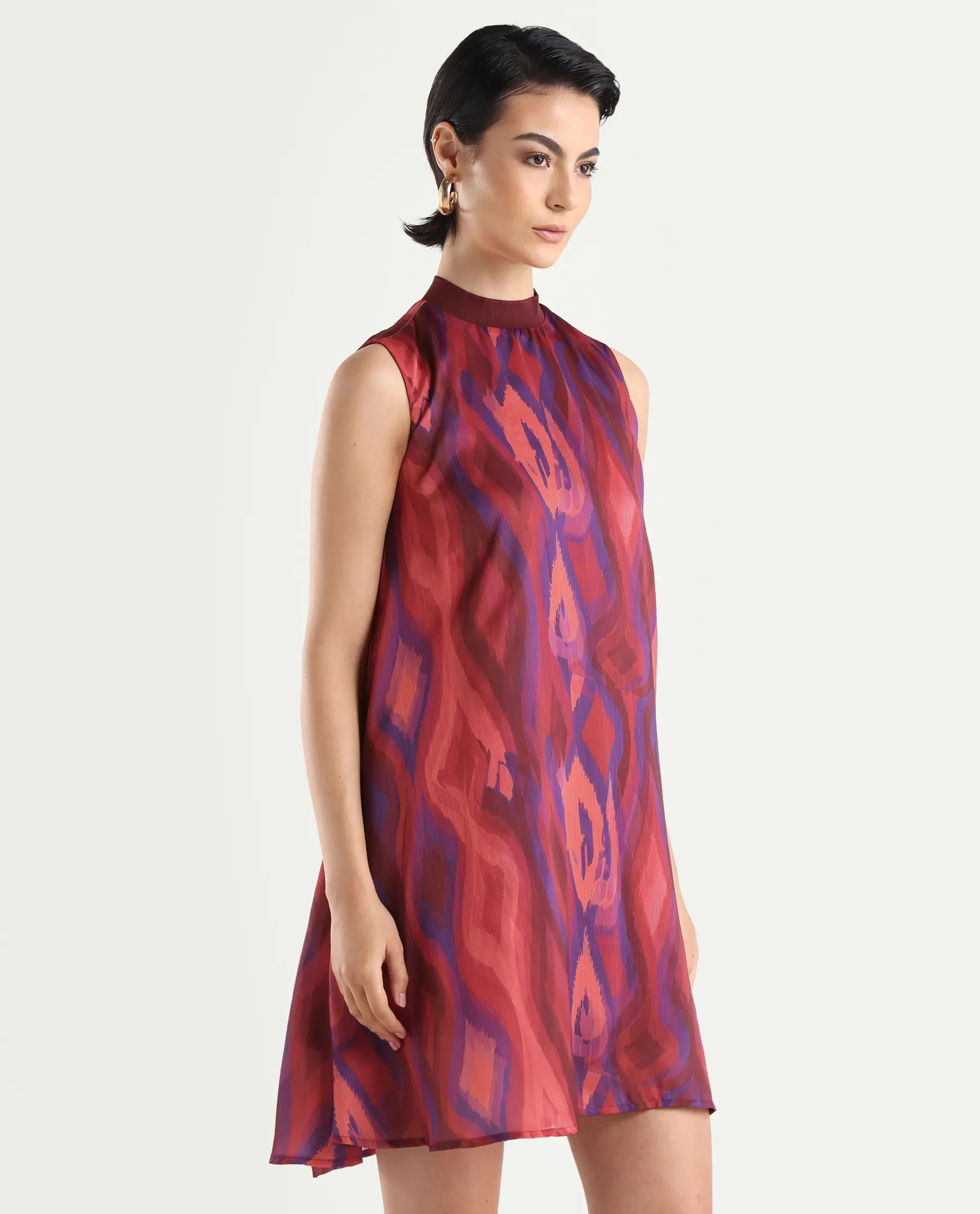 Rareism Women's Yaden Multi Satin Turtle Neck Abstract Print Sleeveless Knee Length Flared Dress - Image 6