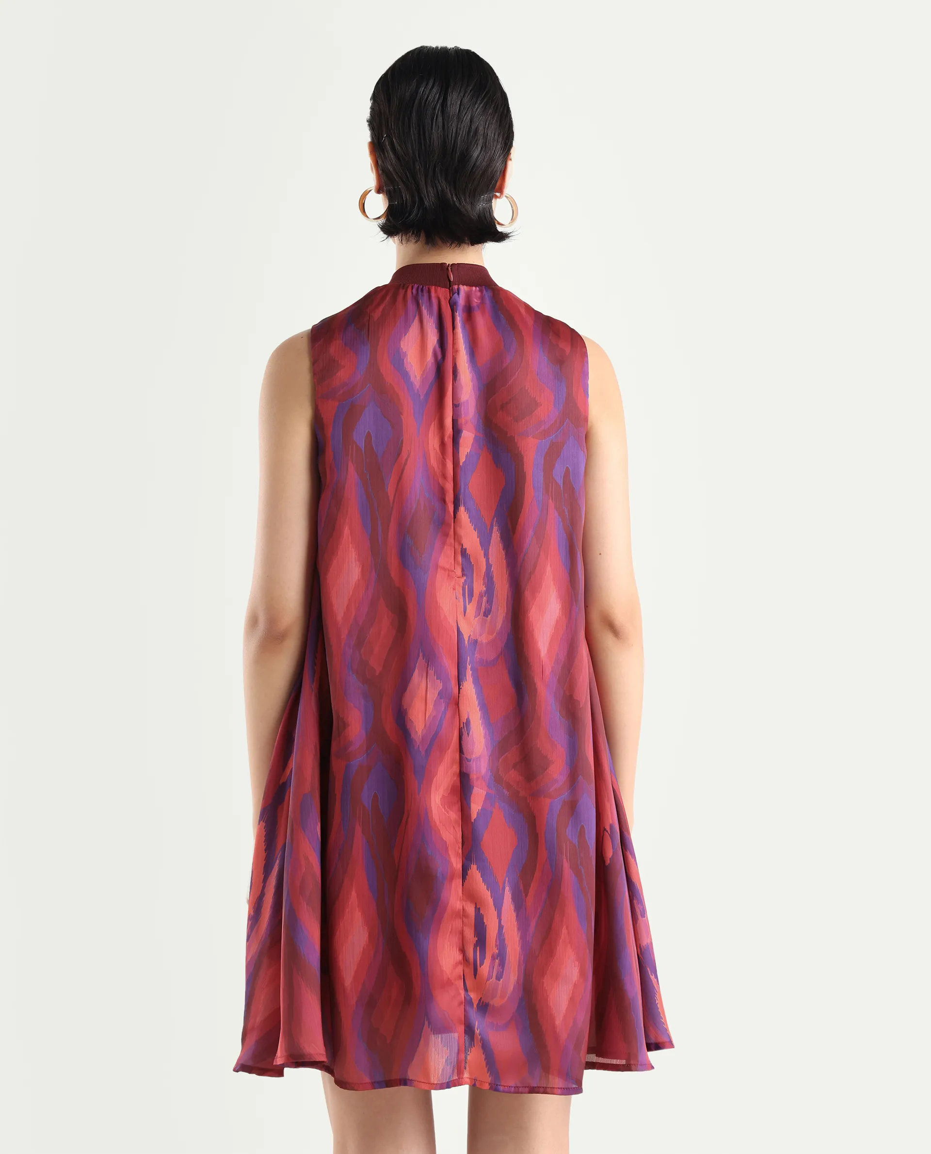 Rareism Women's Yaden Multi Satin Turtle Neck Abstract Print Sleeveless Knee Length Flared Dress - Image 7