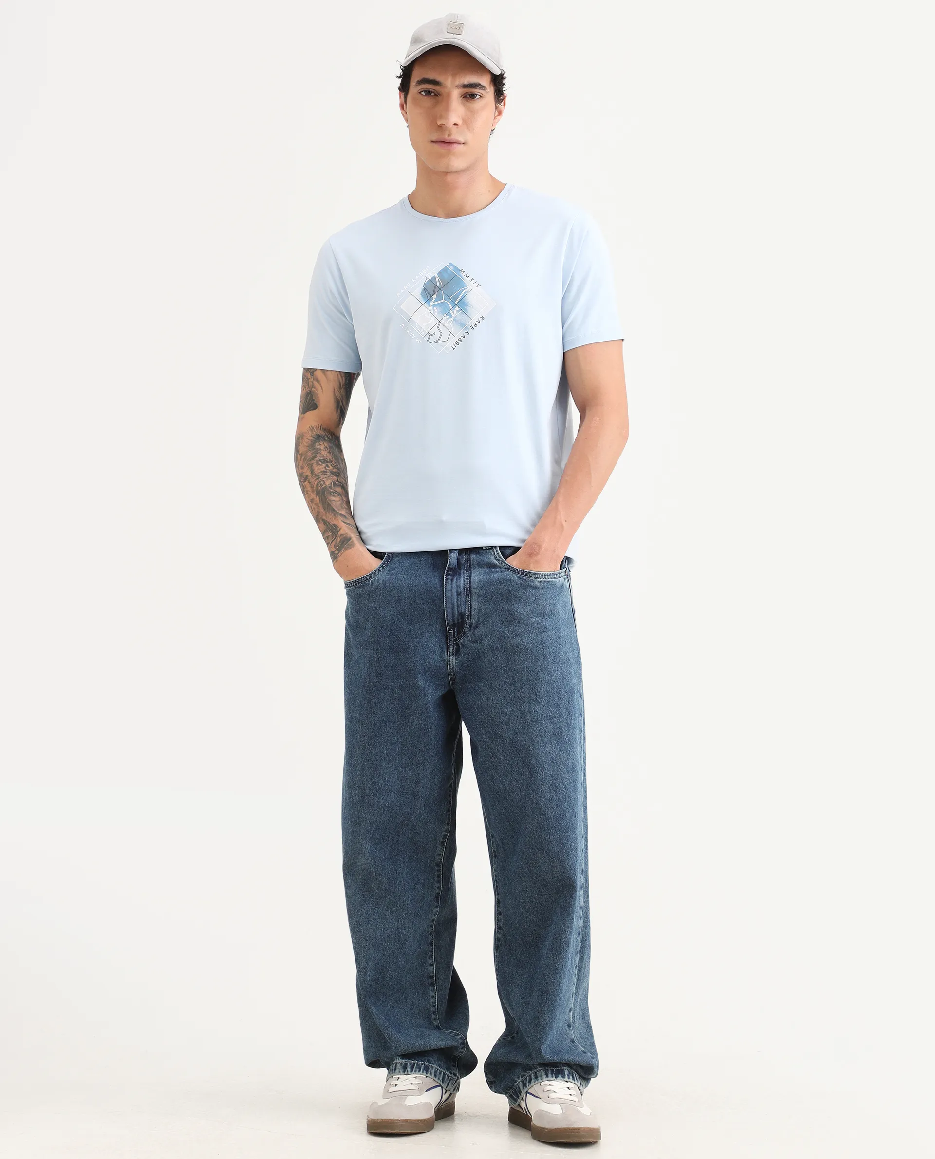 Rare Rabbit Men's Yal Blue Cotton Blend Fabric Half Sleeve Crew Neck Regular Fit Graphic Print T-Shirt - Image 2