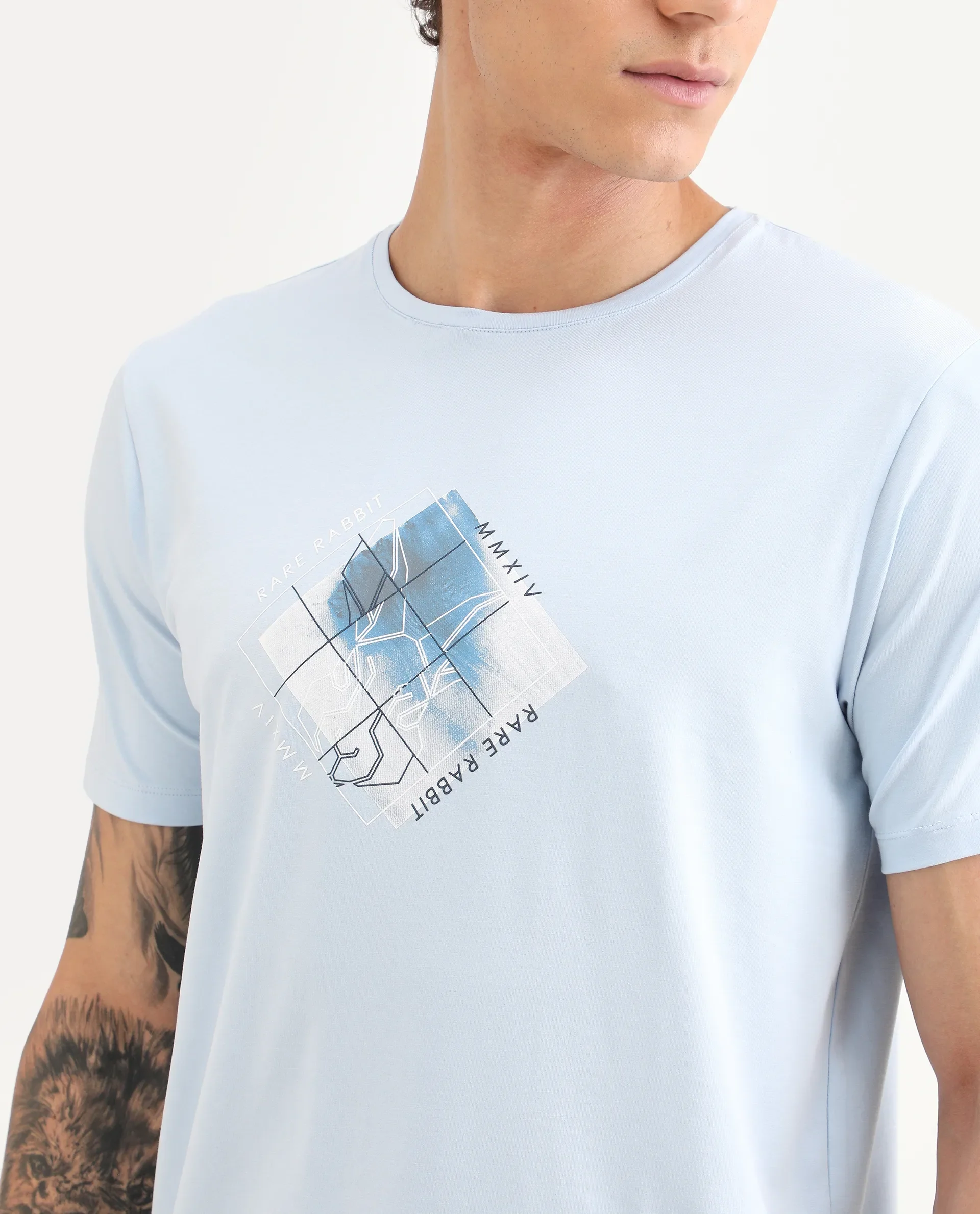 Rare Rabbit Men's Yal Blue Cotton Blend Fabric Half Sleeve Crew Neck Regular Fit Graphic Print T-Shirt - Image 3