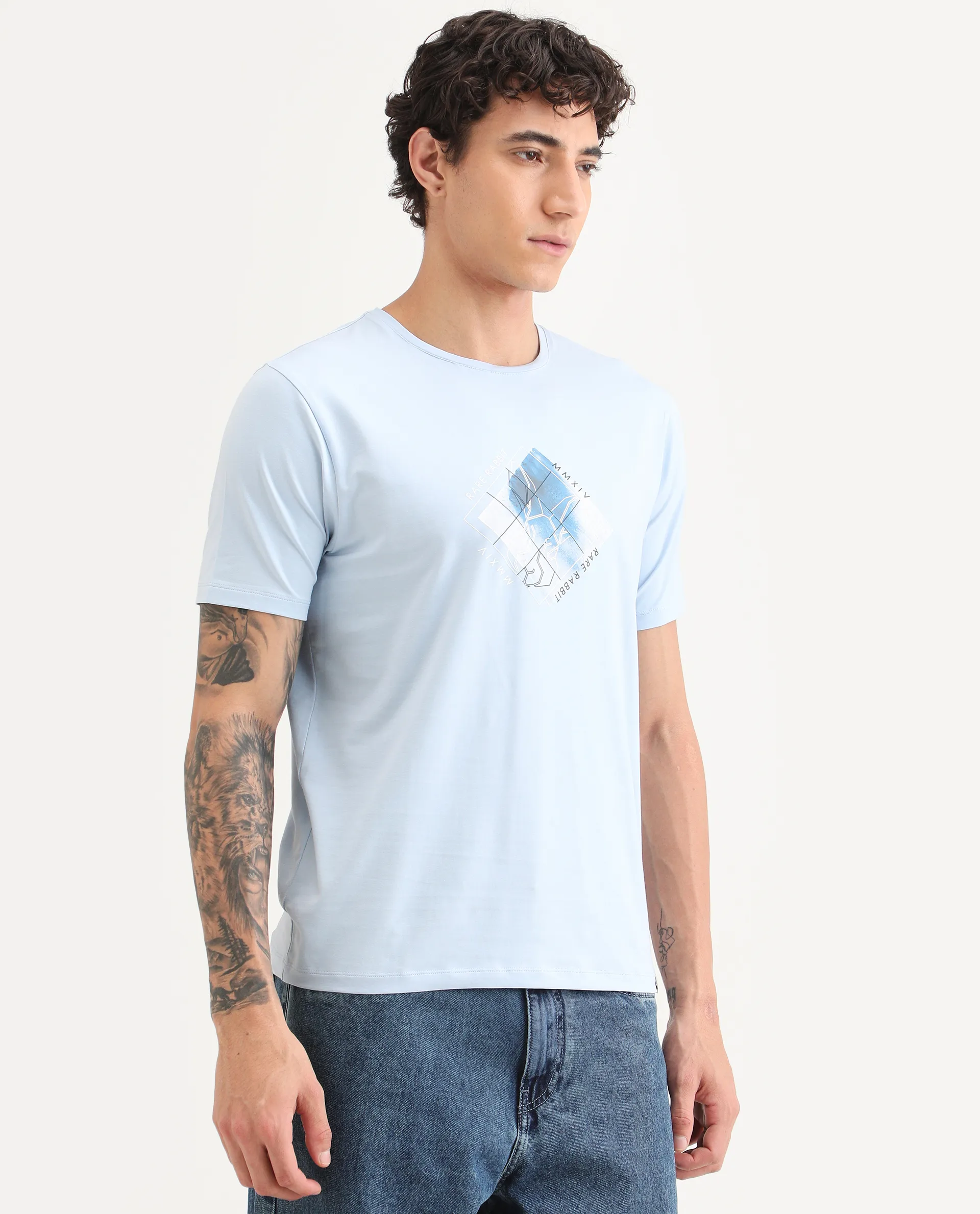 Rare Rabbit Men's Yal Blue Cotton Blend Fabric Half Sleeve Crew Neck Regular Fit Graphic Print T-Shirt - Image 4