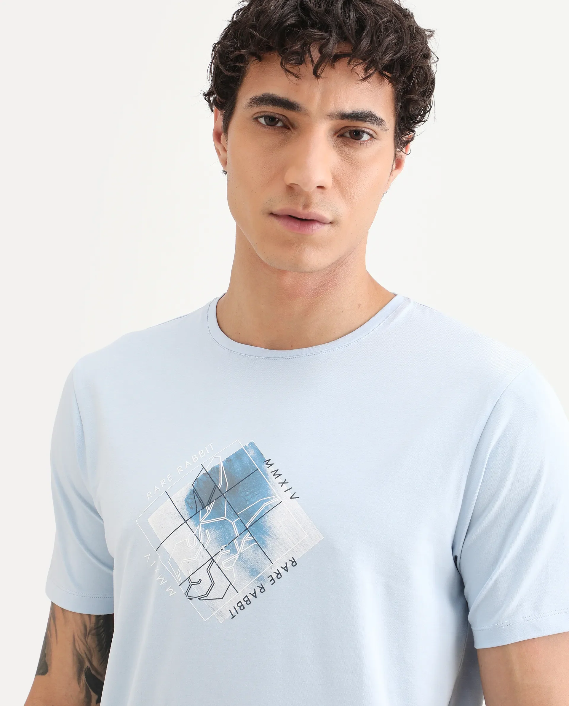 Rare Rabbit Men's Yal Blue Cotton Blend Fabric Half Sleeve Crew Neck Regular Fit Graphic Print T-Shirt - Image 5