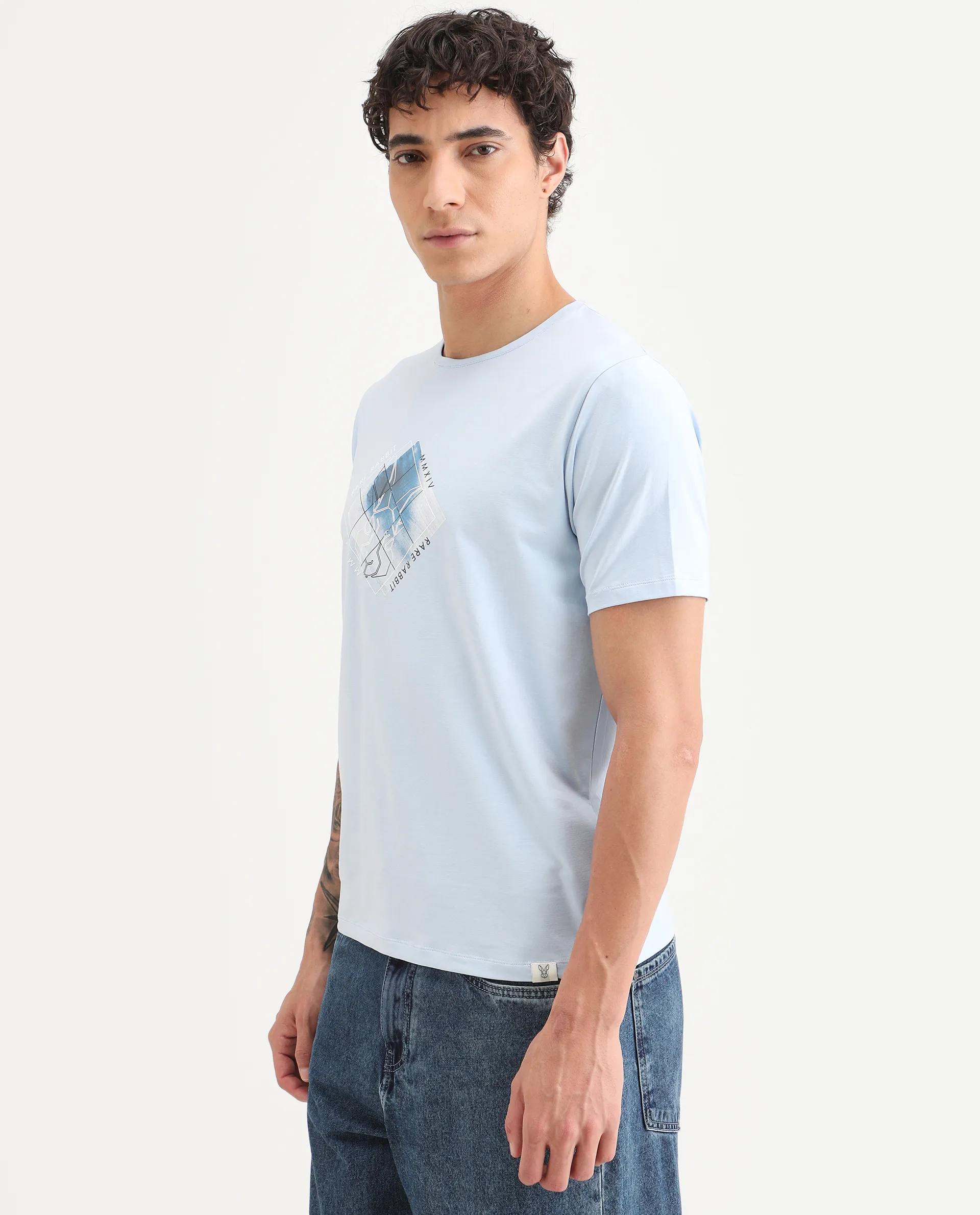 Rare Rabbit Men's Yal Blue Cotton Blend Fabric Half Sleeve Crew Neck Regular Fit Graphic Print T-Shirt - Image 6