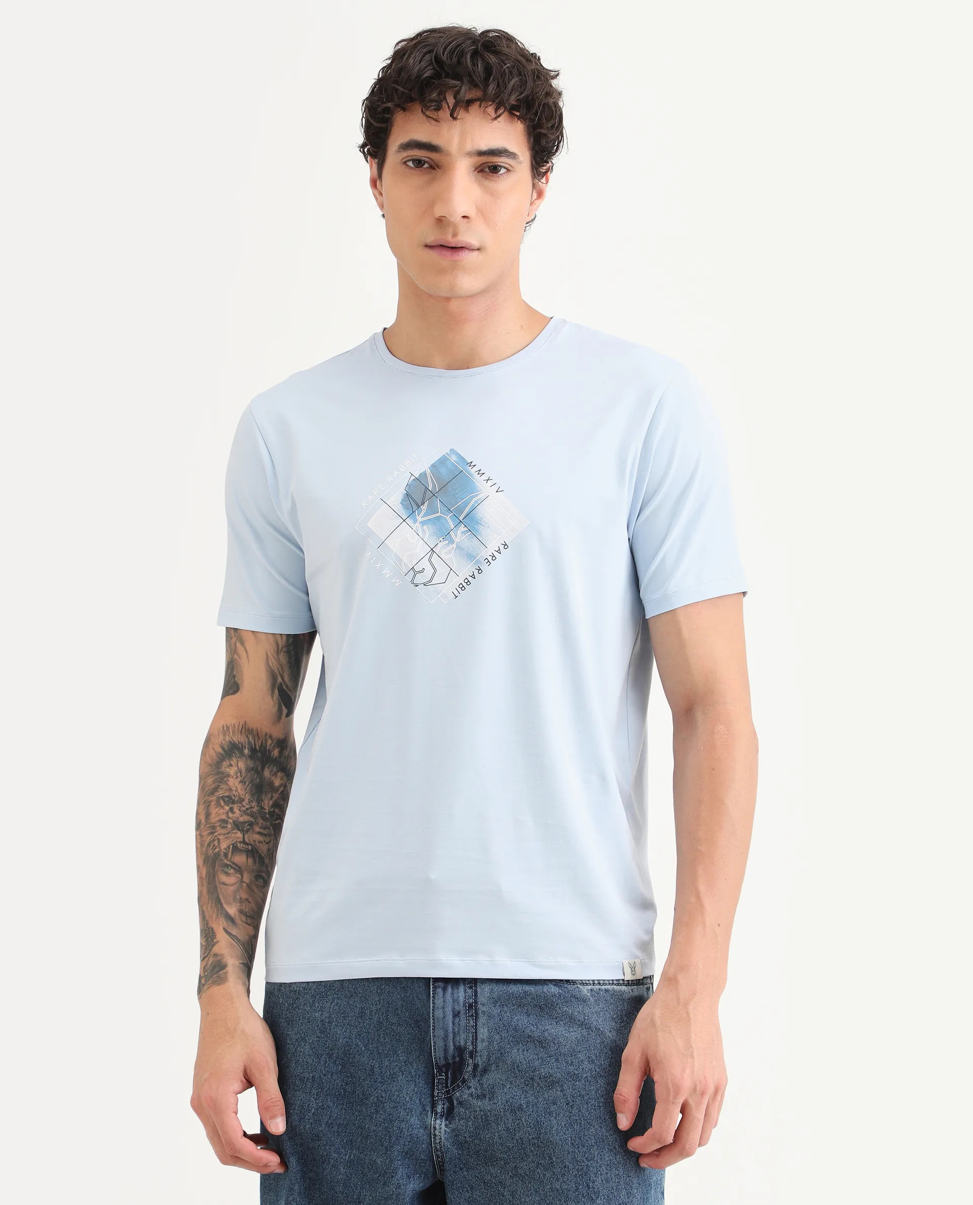 Rare Rabbit Men's Yal Blue Cotton Blend Fabric Half Sleeve Crew Neck Regular Fit Graphic Print T-Shirt - Image 7