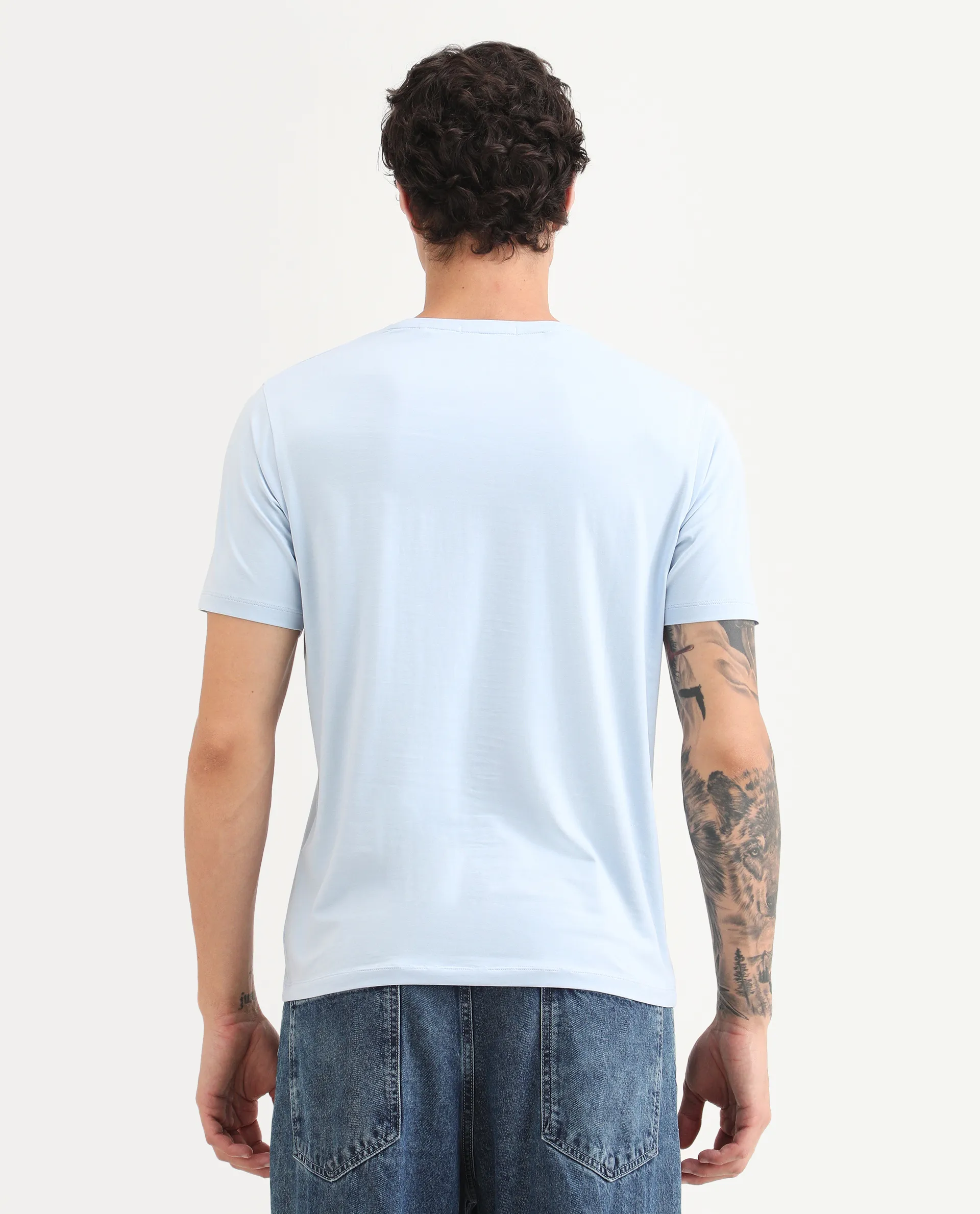 Rare Rabbit Men's Yal Blue Cotton Blend Fabric Half Sleeve Crew Neck Regular Fit Graphic Print T-Shirt - Image 8