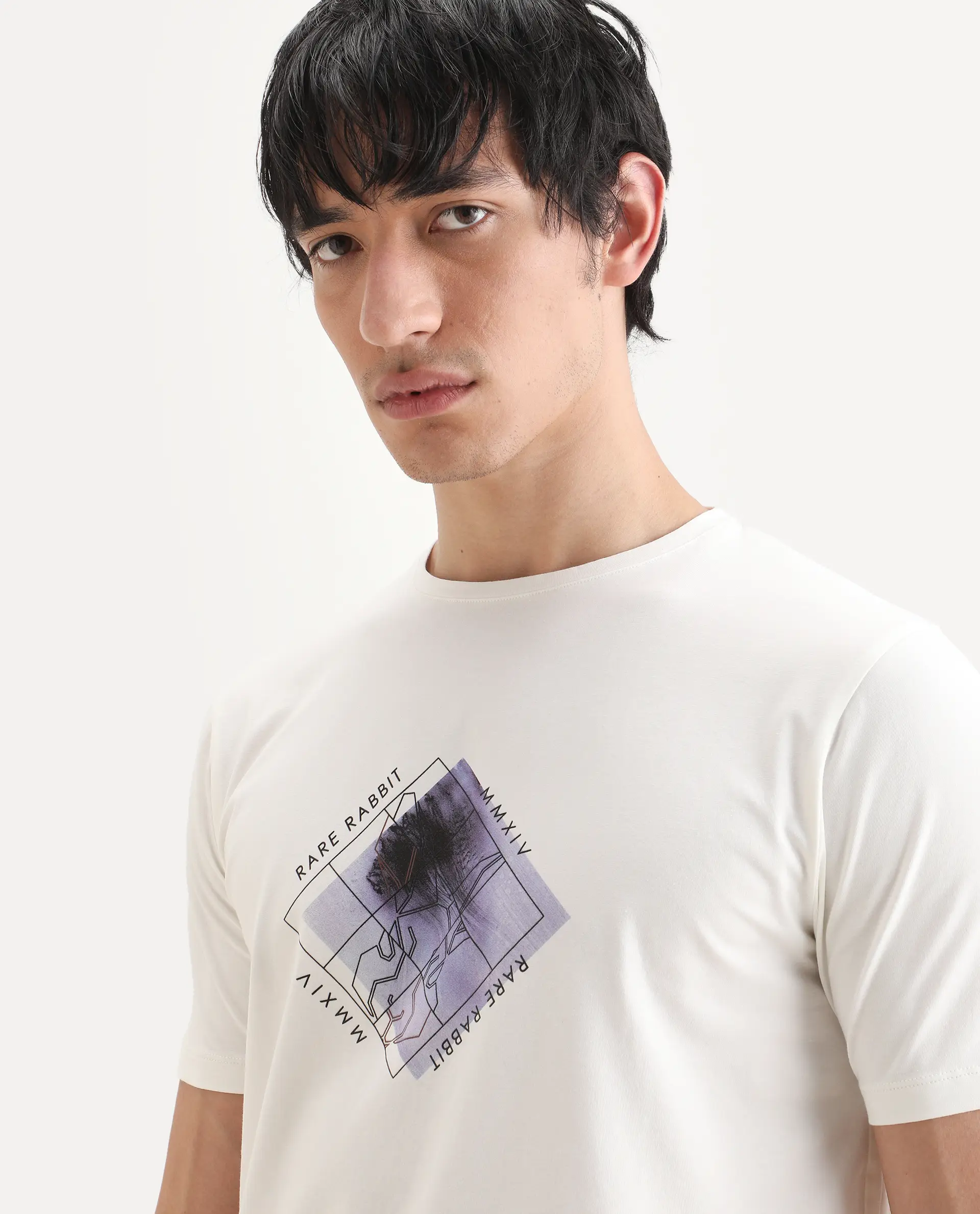 Rare Rabbit Men's Yal White Cotton Blend Fabric Half Sleeve Crew Neck Regular Fit Graphic Print T-Shirt - Image 3
