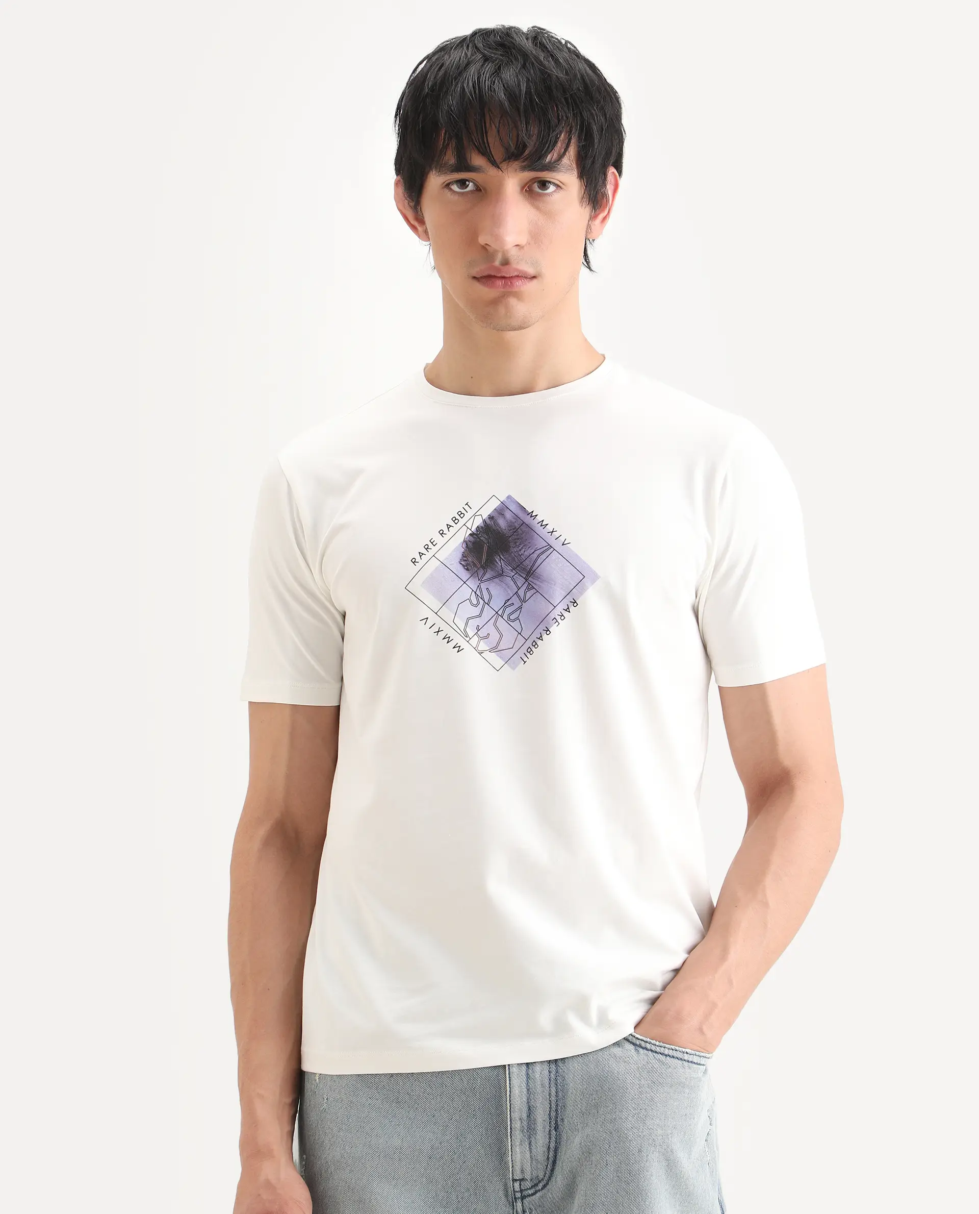 Rare Rabbit Men's Yal White Cotton Blend Fabric Half Sleeve Crew Neck Regular Fit Graphic Print T-Shirt - Image 4