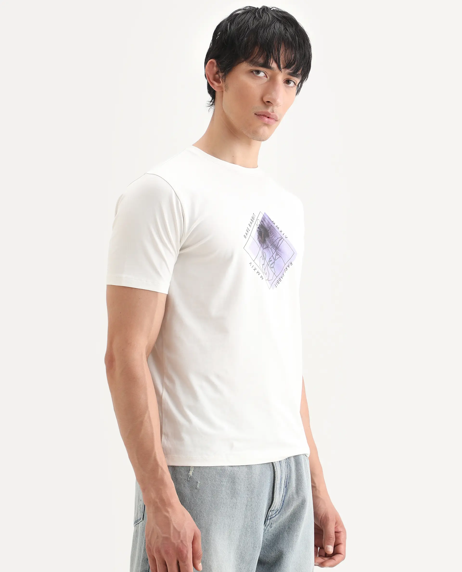 Rare Rabbit Men's Yal White Cotton Blend Fabric Half Sleeve Crew Neck Regular Fit Graphic Print T-Shirt - Image 5