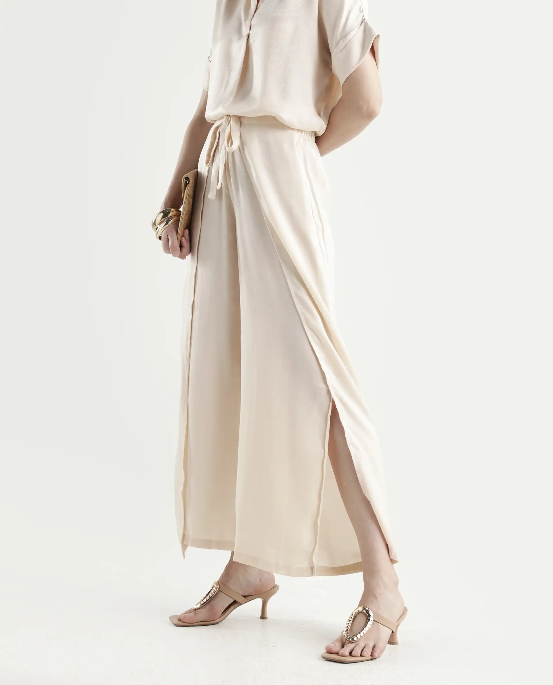 Rareism Women's Yamato-B Light Beige Satin Plain Ankle Length Wide Trouser - Image 2