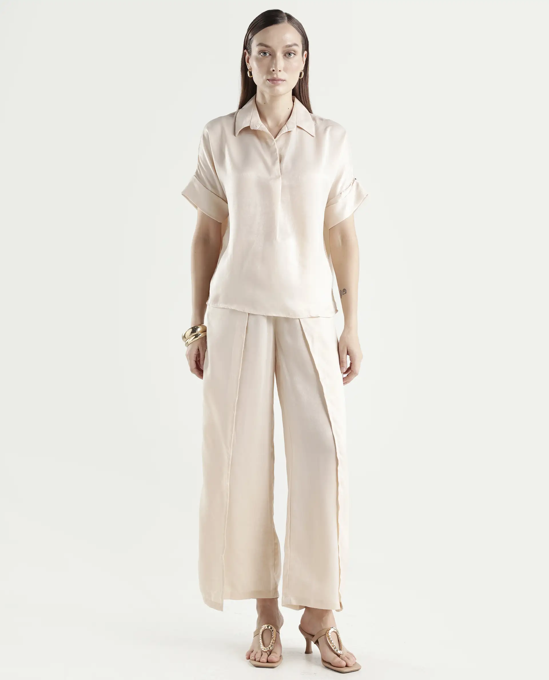 Rareism Women's Yamato-B Light Beige Satin Plain Ankle Length Wide Trouser - Image 3