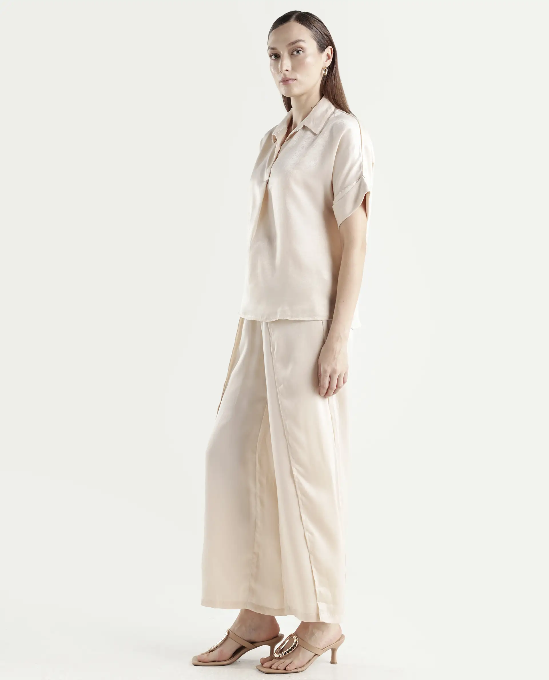Rareism Women's Yamato-B Light Beige Satin Plain Ankle Length Wide Trouser - Image 5