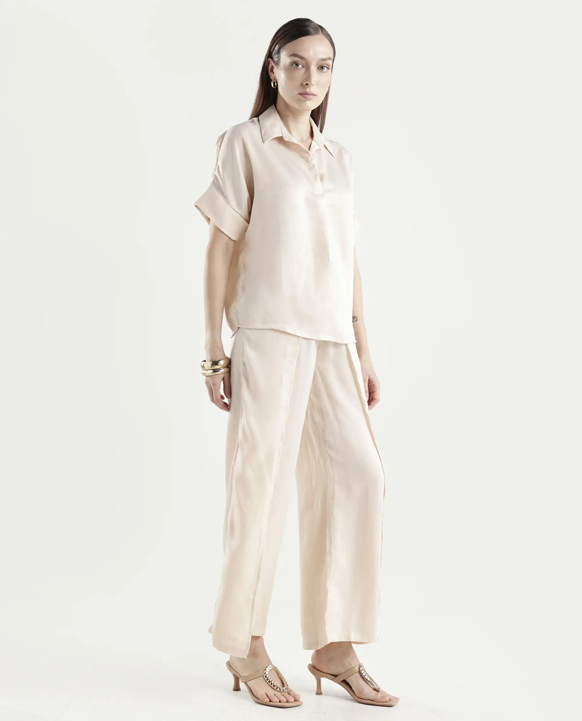 Rareism Women's Yamato-B Light Beige Satin Plain Ankle Length Wide Trouser - Image 6