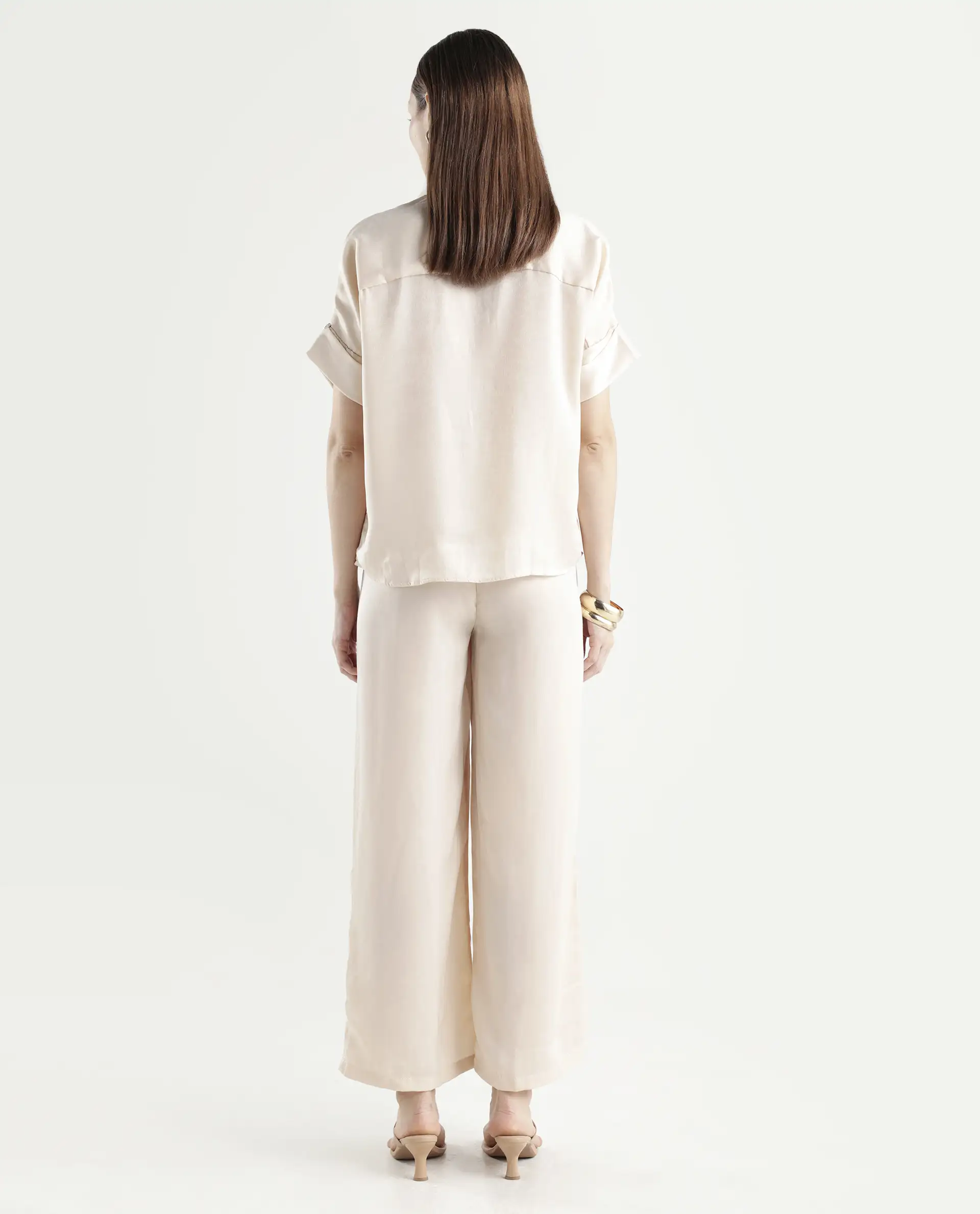 Rareism Women's Yamato-B Light Beige Satin Plain Ankle Length Wide Trouser - Image 7