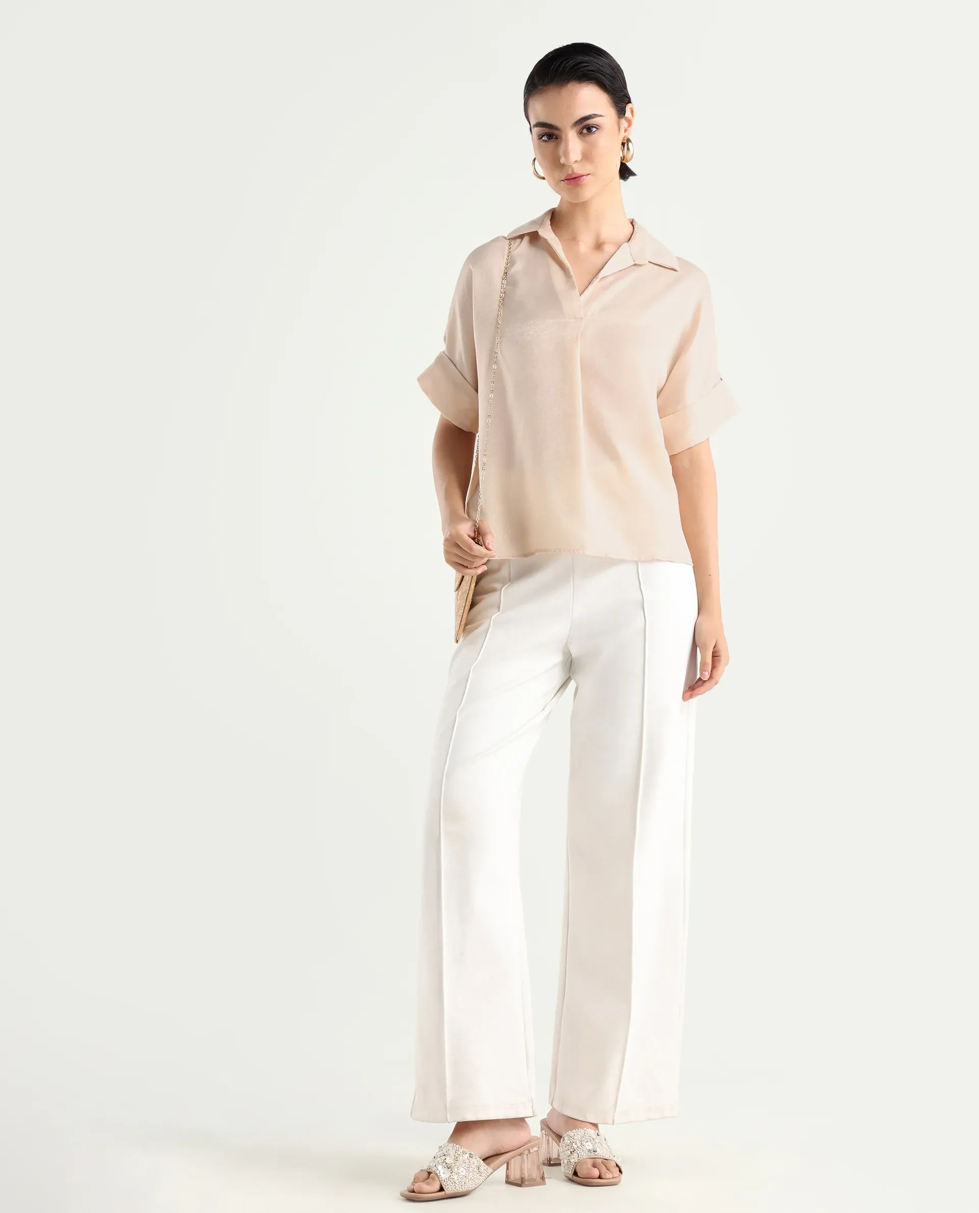 Rareism Women's Yamato-T Light Beige Satin Drop Collar Plain Extended Sleeves Boxy Fit Top - Image 2