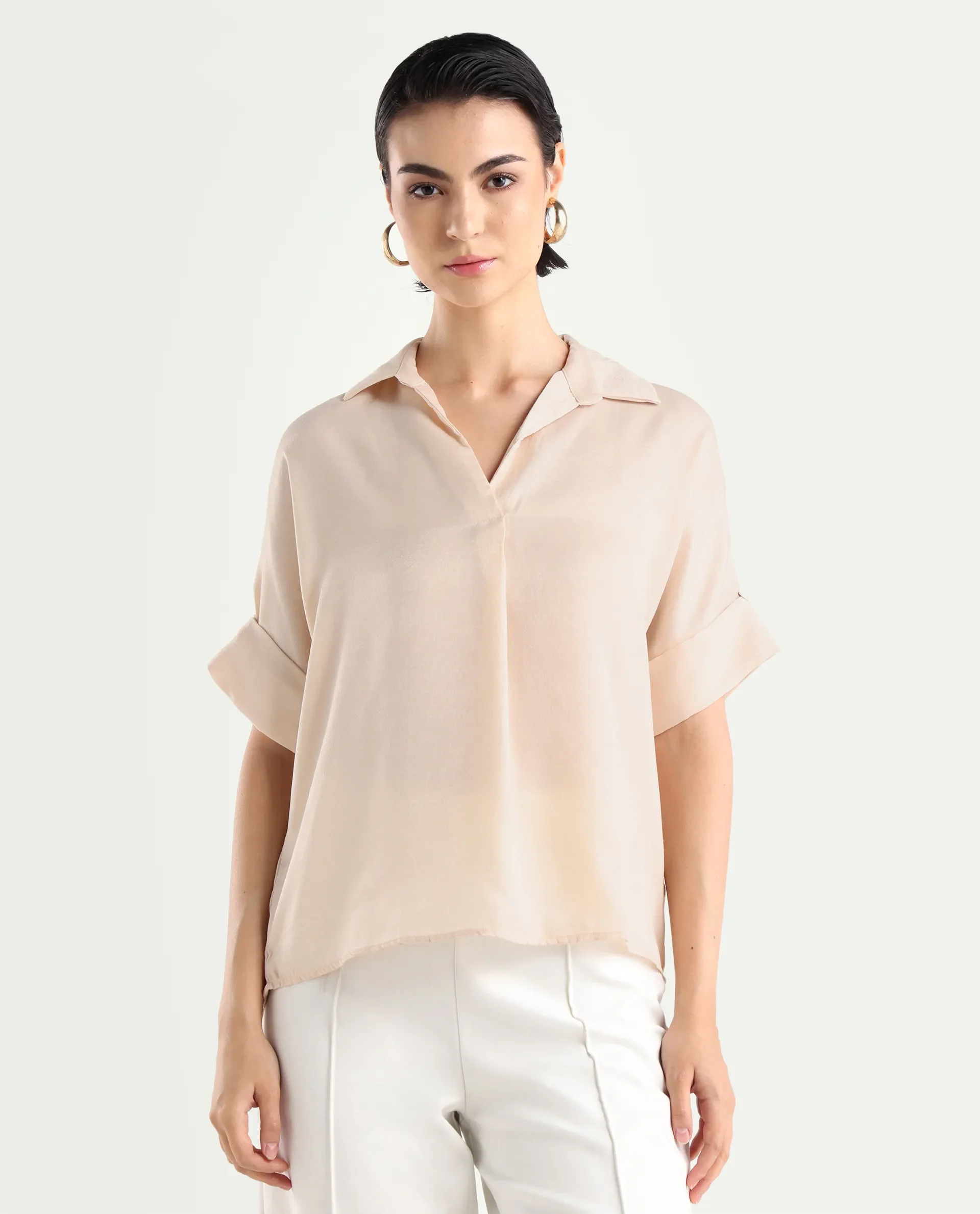 Rareism Women's Yamato-T Light Beige Satin Drop Collar Plain Extended Sleeves Boxy Fit Top - Image 3