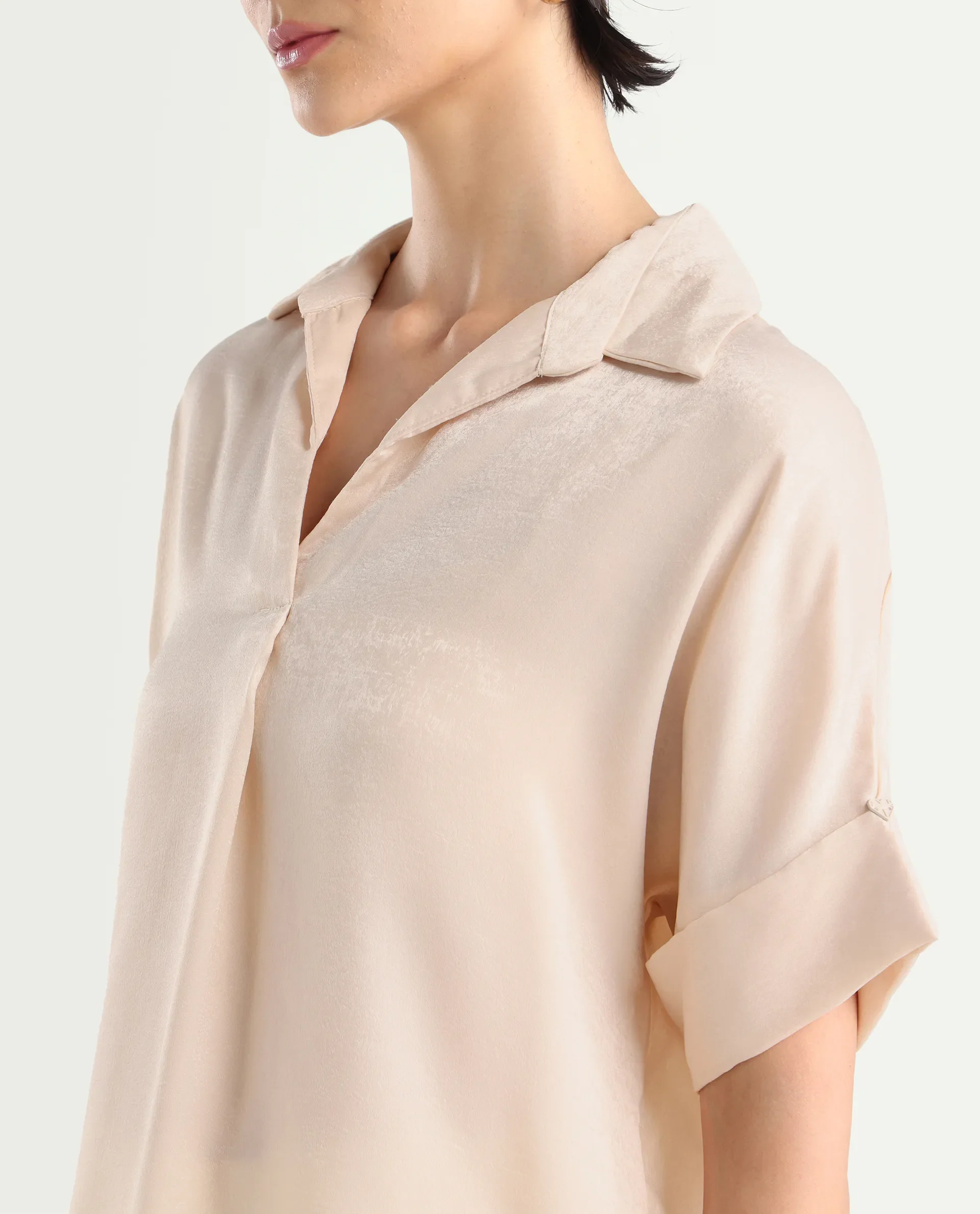 Rareism Women's Yamato-T Light Beige Satin Drop Collar Plain Extended Sleeves Boxy Fit Top - Image 4