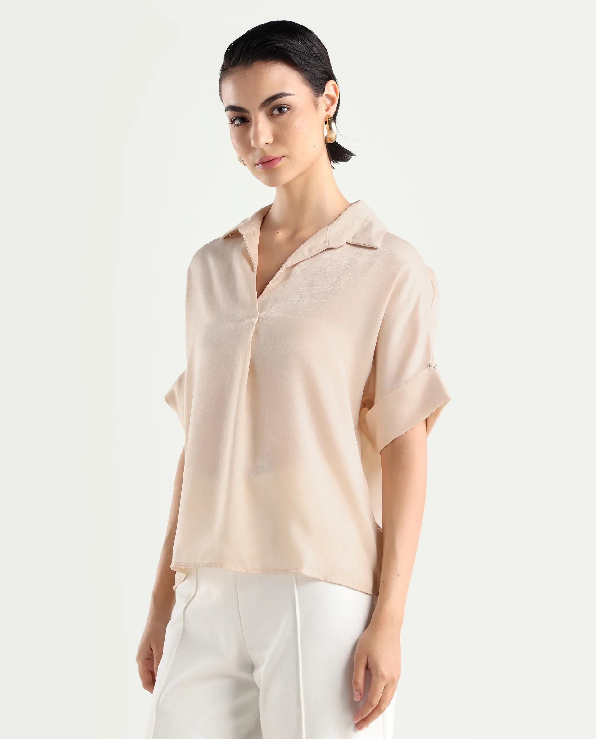 Rareism Women's Yamato-T Light Beige Satin Drop Collar Plain Extended Sleeves Boxy Fit Top - Image 5