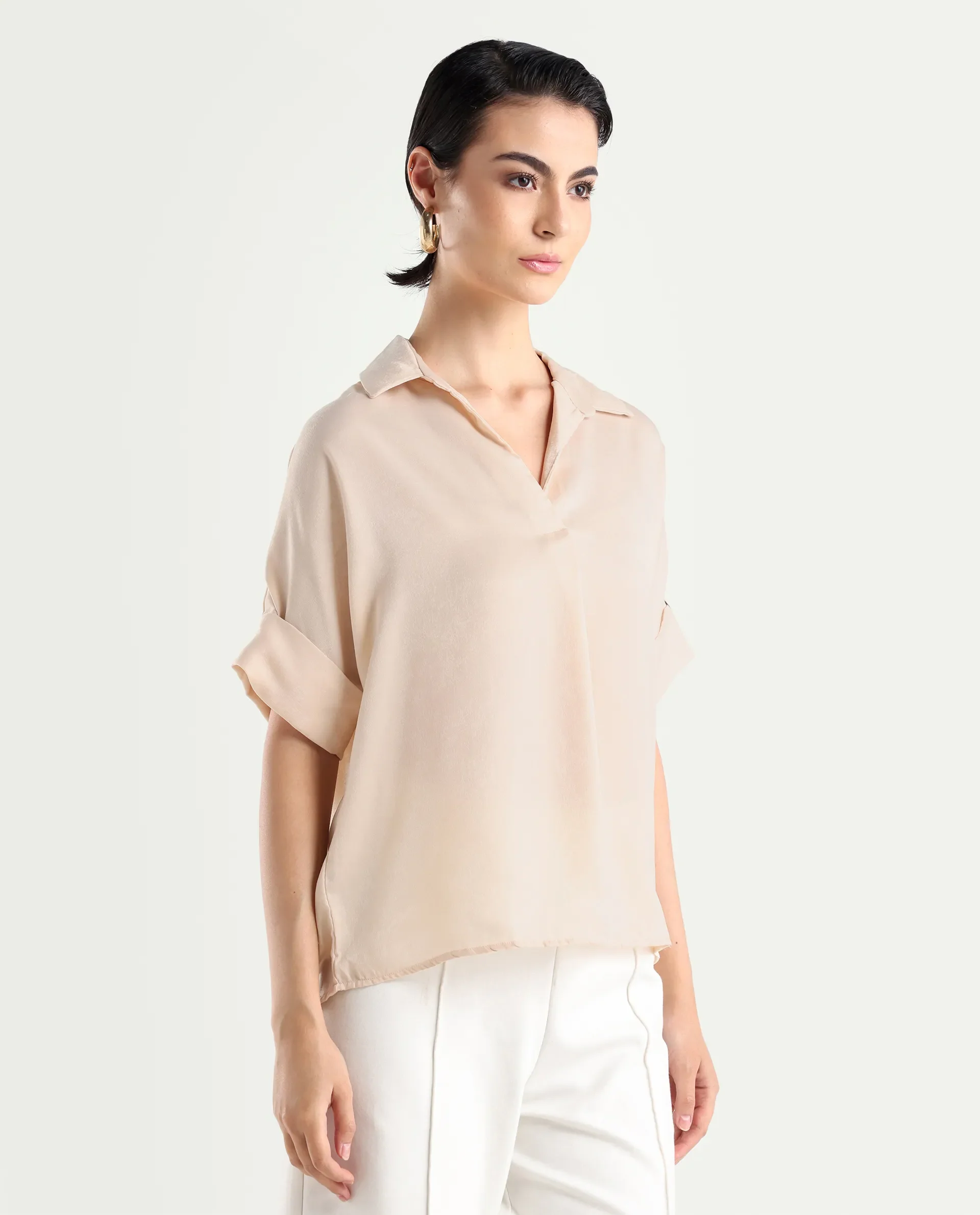 Rareism Women's Yamato-T Light Beige Satin Drop Collar Plain Extended Sleeves Boxy Fit Top - Image 6