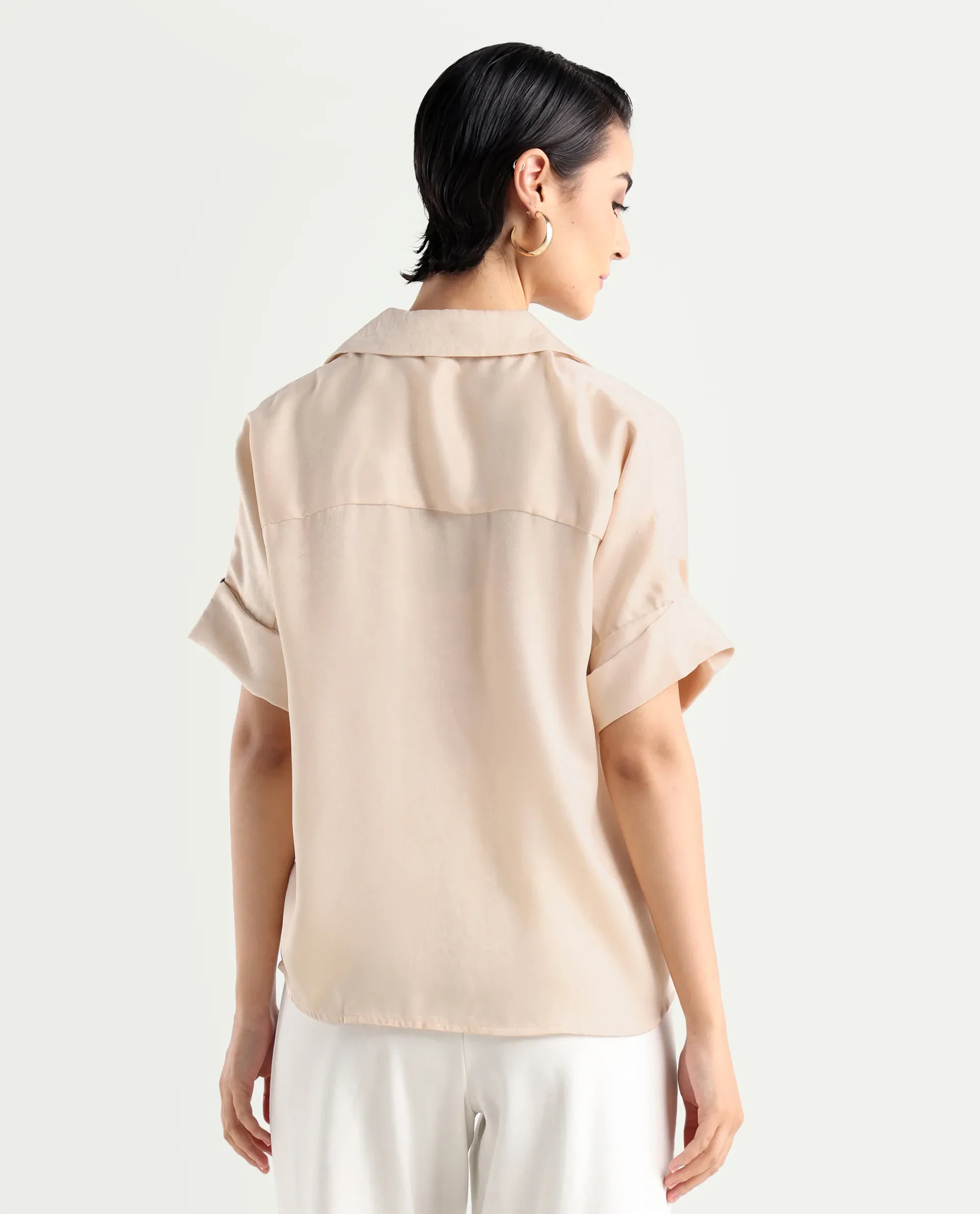 Rareism Women's Yamato-T Light Beige Satin Drop Collar Plain Extended Sleeves Boxy Fit Top - Image 7